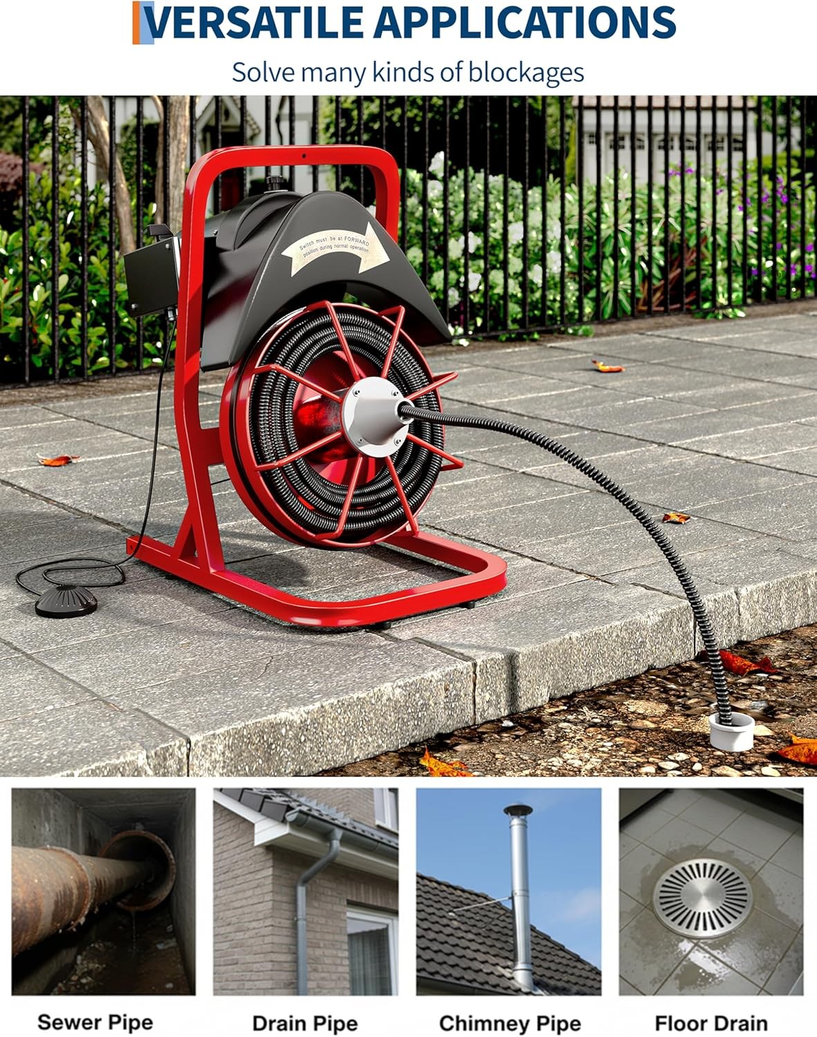 GRAVEE Electric Drain Cleaning Machine 75FT x 1/2 In Steel Core Cable 370W