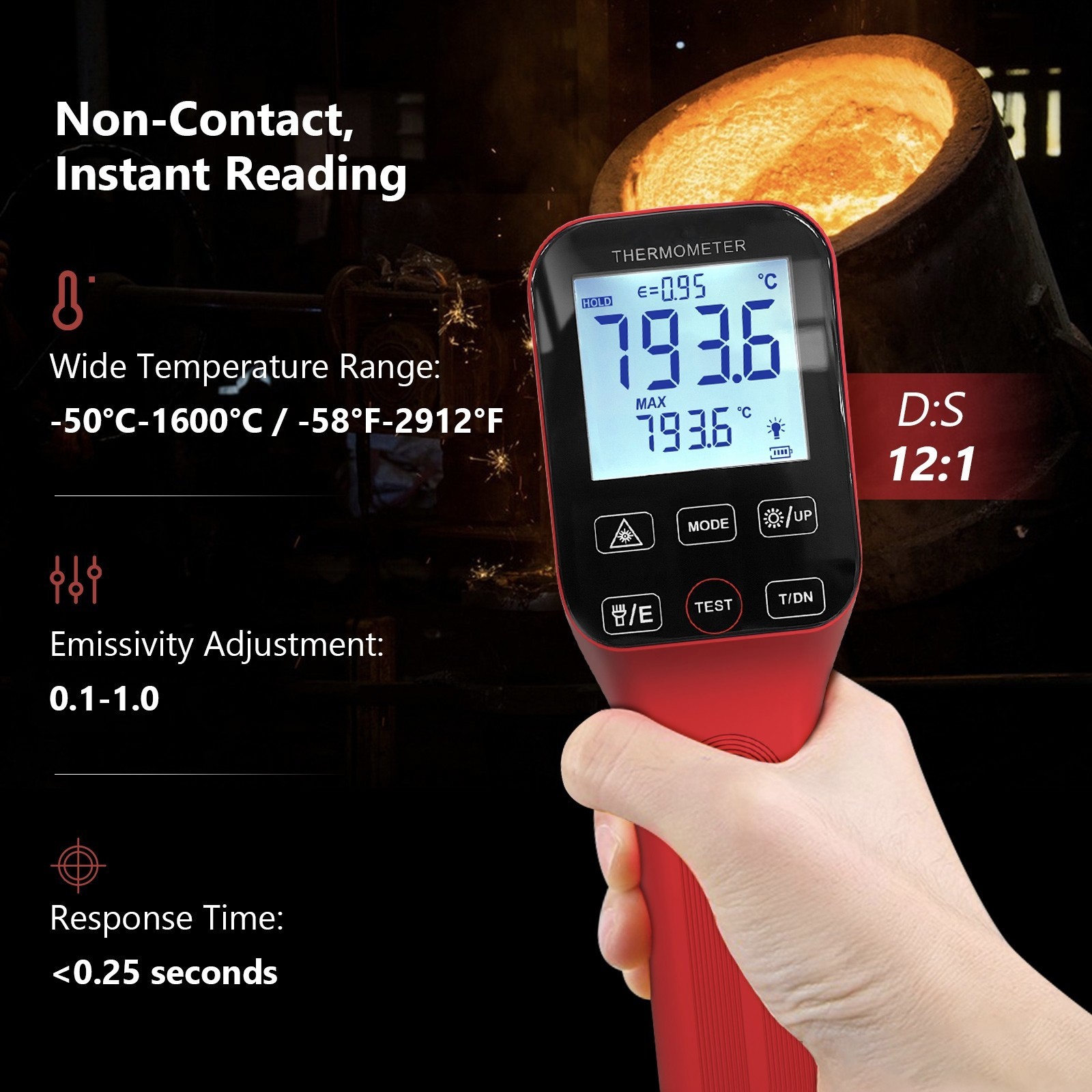 Non-Contact Infrared Laser Thermometer 30:1 -50~1600°C Rechargeable Temp Gun