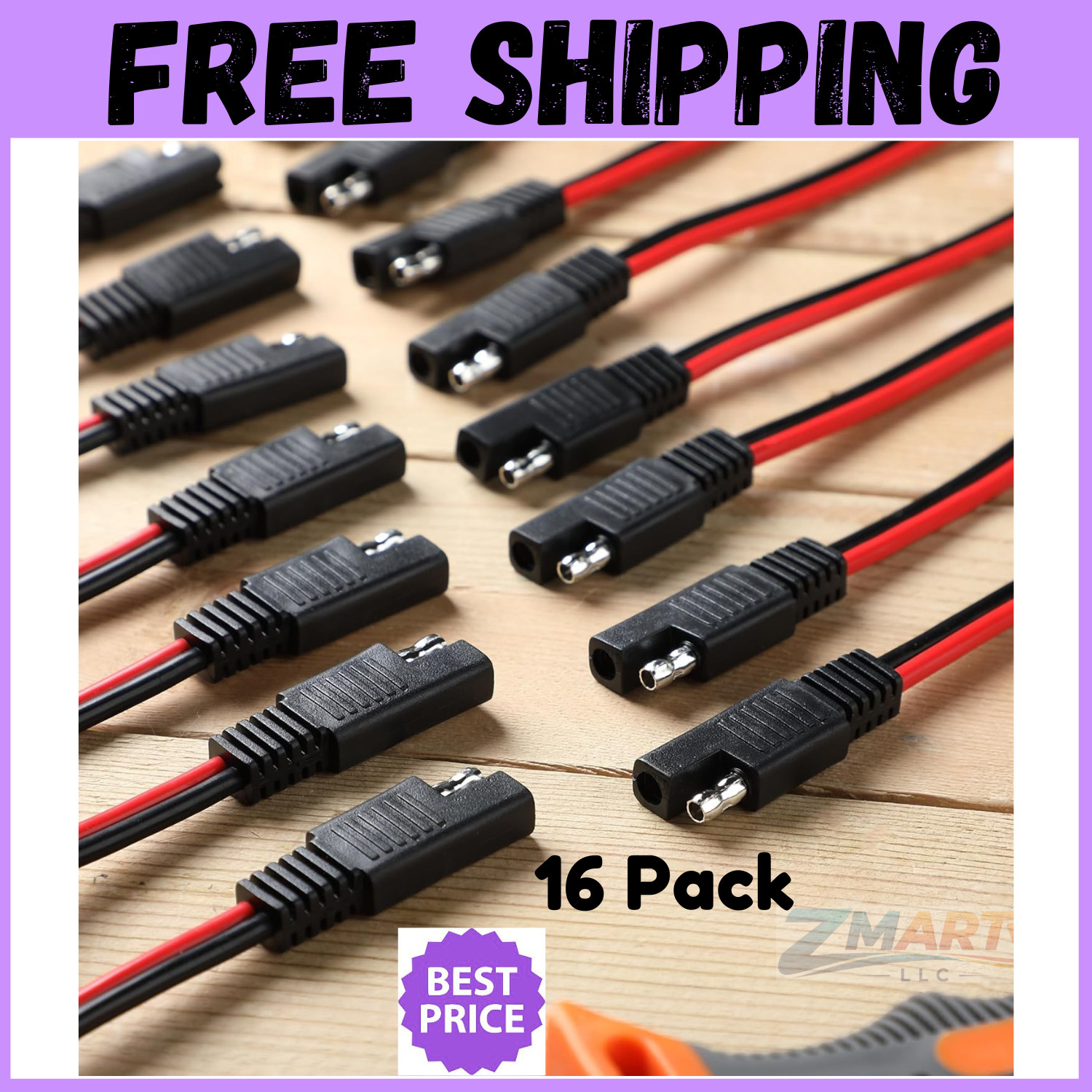 16 Pack SAE Connector 12 Inch 14 AWG Copper Wire, 2 Pin Single Plug Connector
