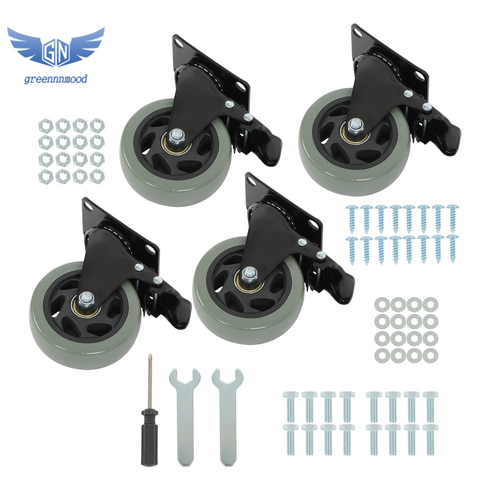 4Pcs Heavy Duty Polyurethane Casters 360 Rotation 4-Inch WIth Brake Grey Durable