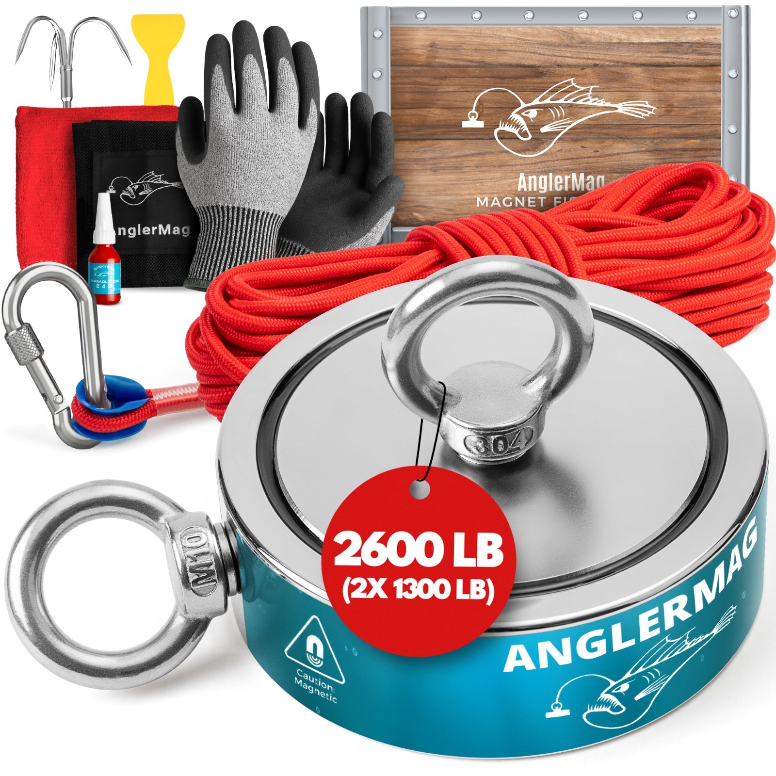 2600 LBS Magnet Fishing Kit AnglerMag Double Sided Magnetic Fishing Complete Kit