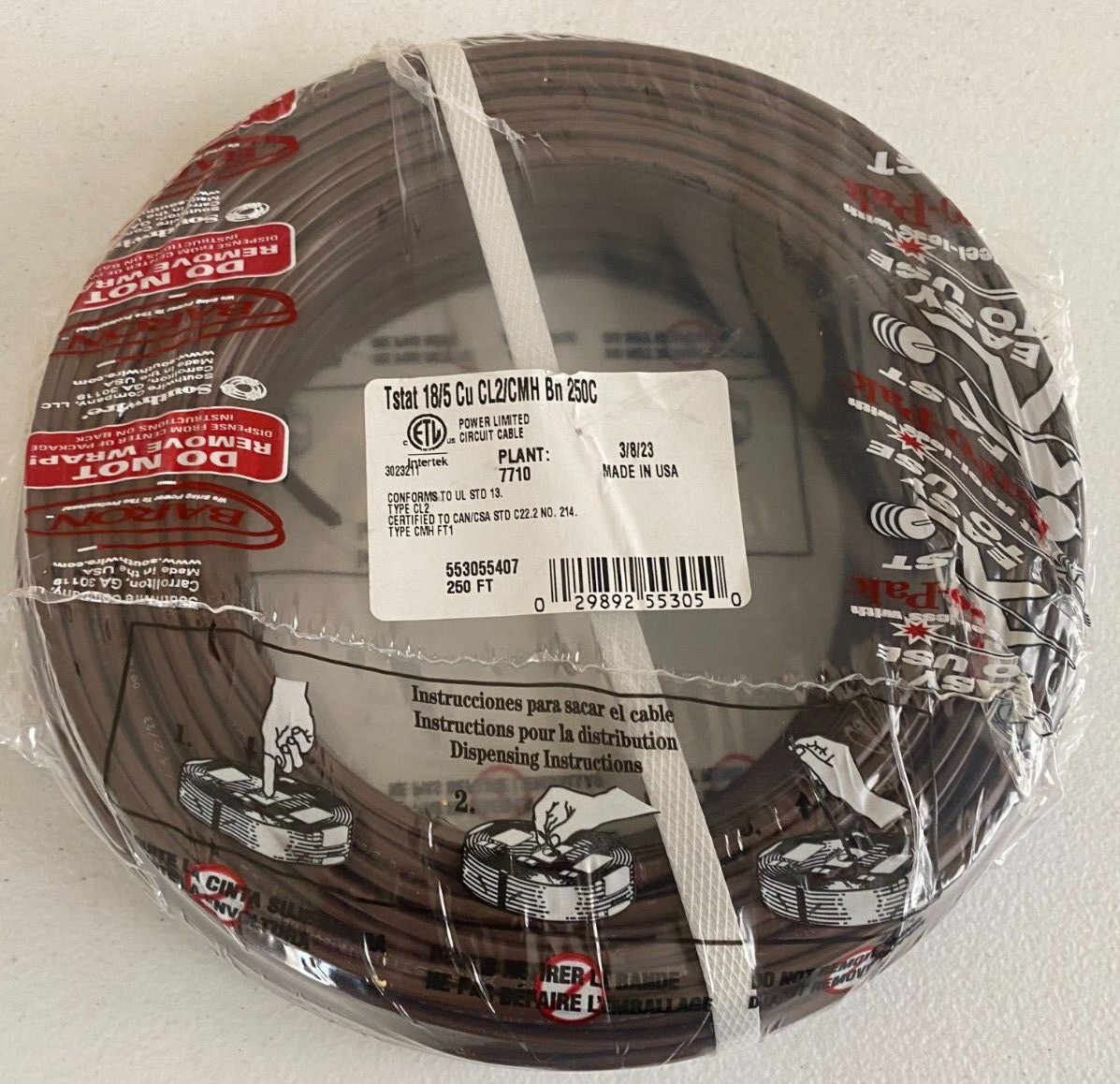 250′ Roll 18/5 AWG Thermostat Cable 553055407 Solid Copper Wire .17″ Diameter