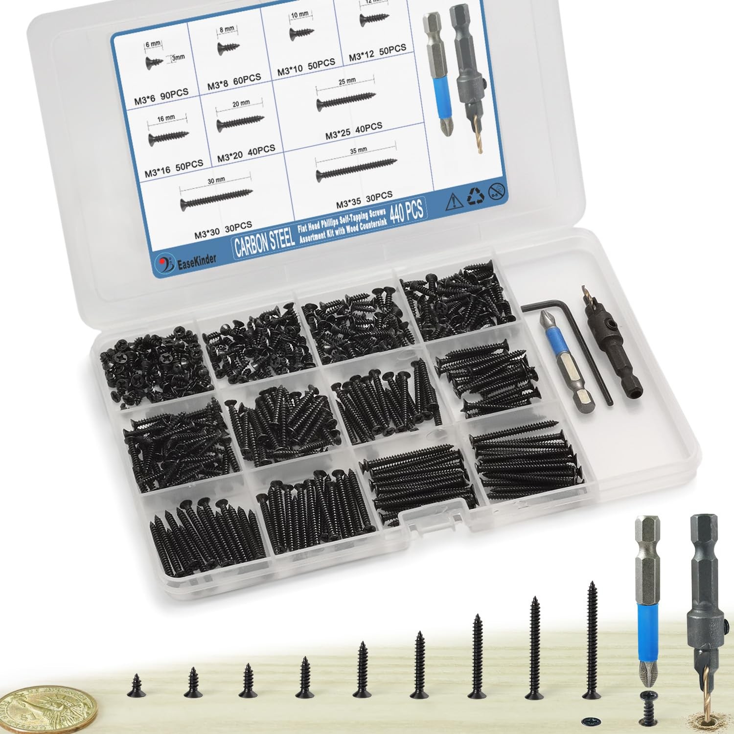 440PCS Flat Head Phillips Wood Screws Assortment Kit, Carbon Steel Self-Tappi…