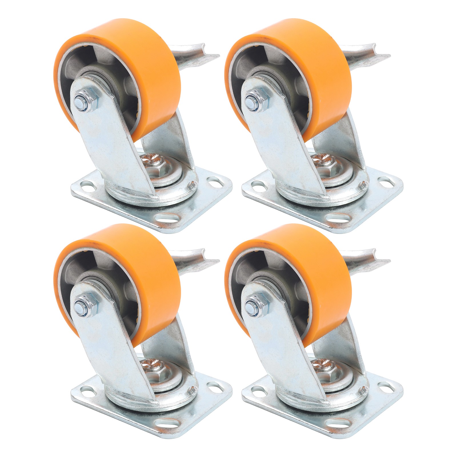 4″ Side Brake Polyurethane Plate Casters, 3200 Pounds, Silver + Qrange, 4 Pieces