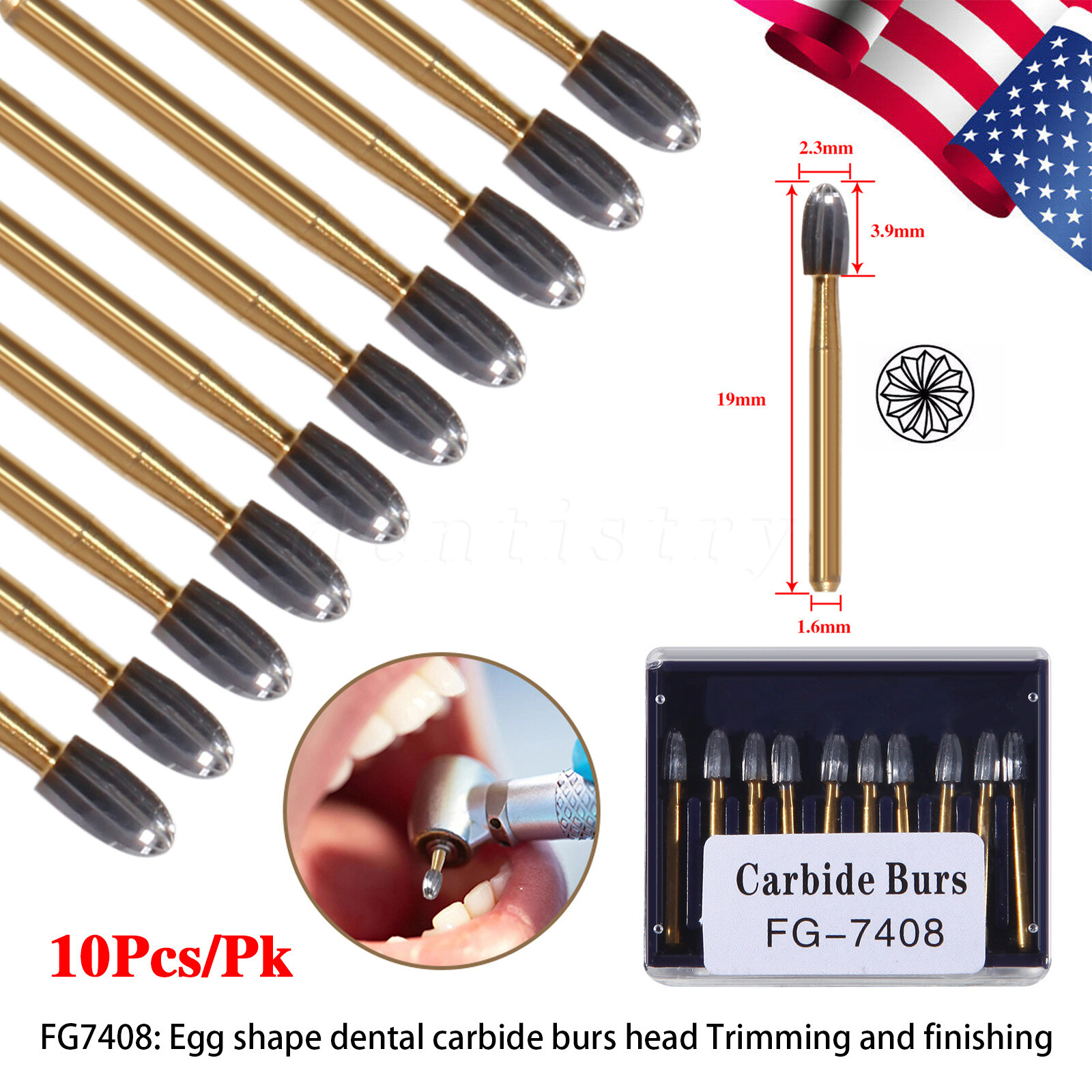 SANDENT Dental Tungsten Carbide Burs Trimming & Finishing Egg Football FG-7408