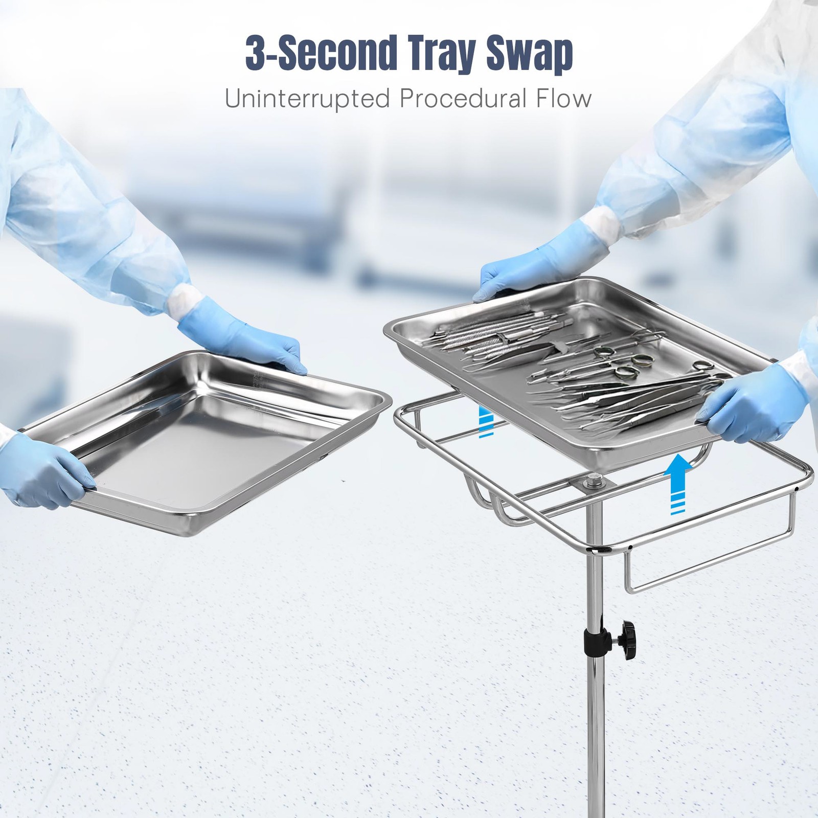 Mobile Mayo Tray Stand Trolley Adjustable Height Medical Doctor Salon Equipment