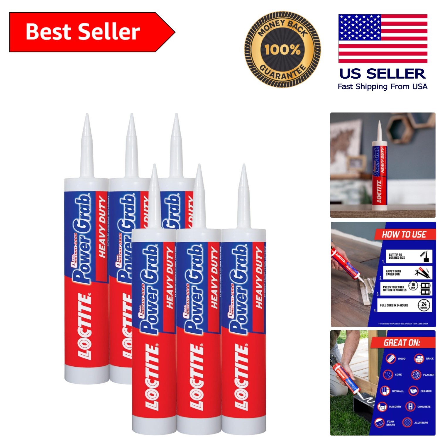 6 Pack Loctite Power Grab Express 9oz – Instant Grab Adhesive for All Surfaces