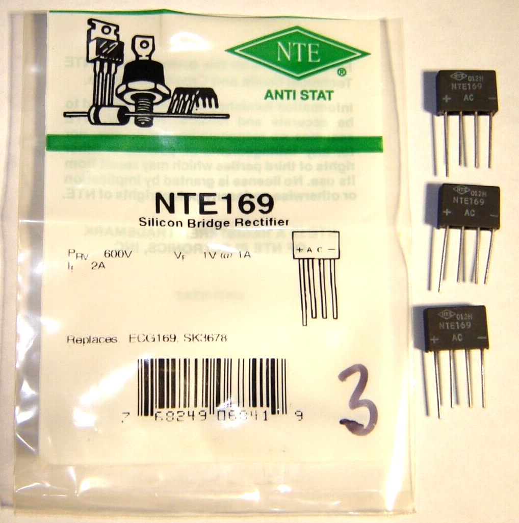 3 pcs New NTE169 Silicon Bridge Rectifier, 600V 2 A Single Phase Full Wave