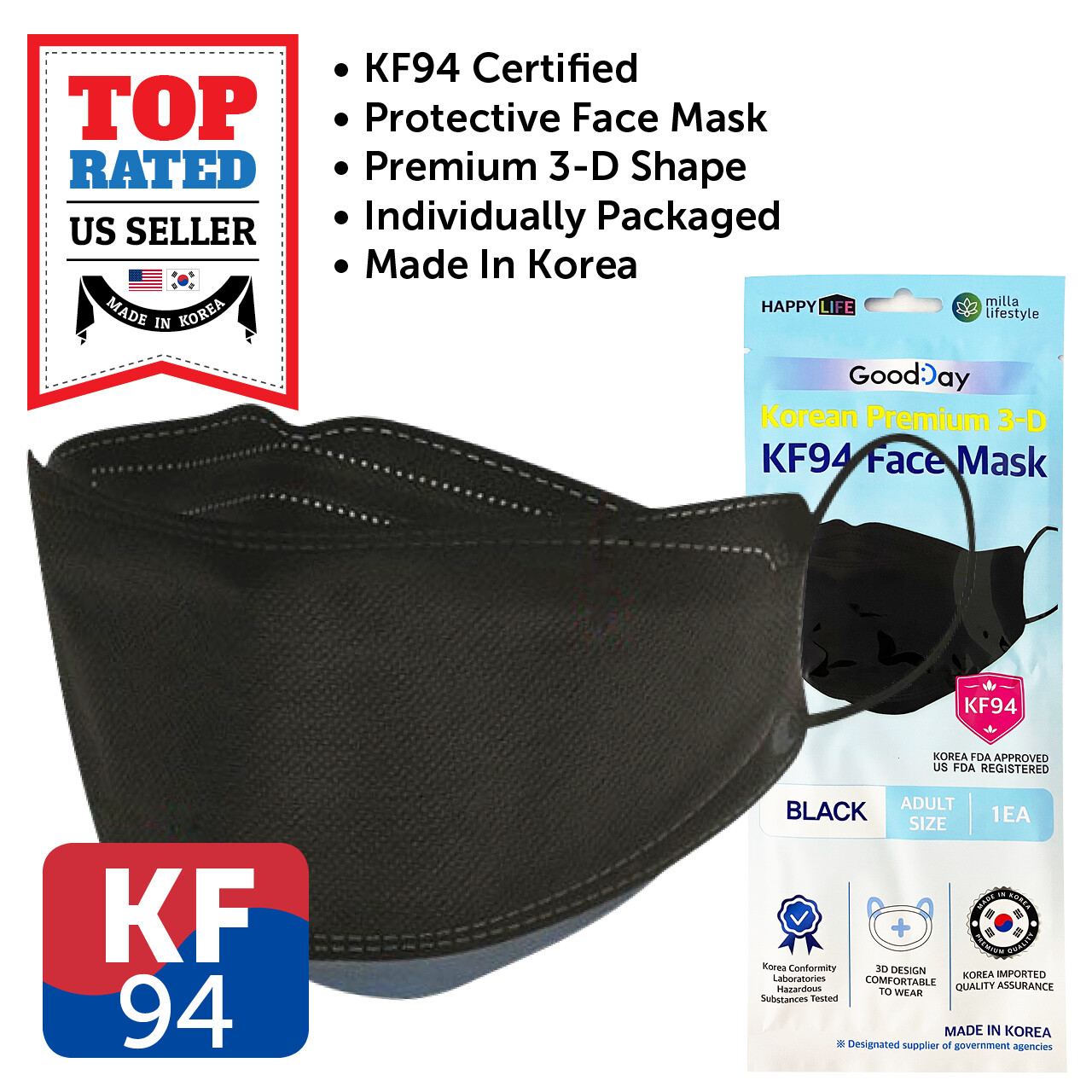KF94 BLACK Face Protective Mask Made in Korea KFDA Approved Adult 4 Layers
