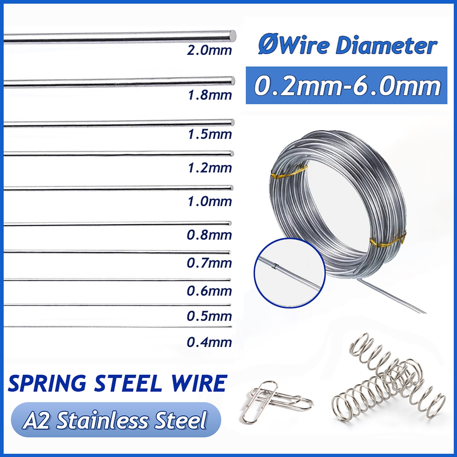 304 Stainless Steel Spring Steel Wire Dia 0.2mm – 6.0mm DIY Accessories Select