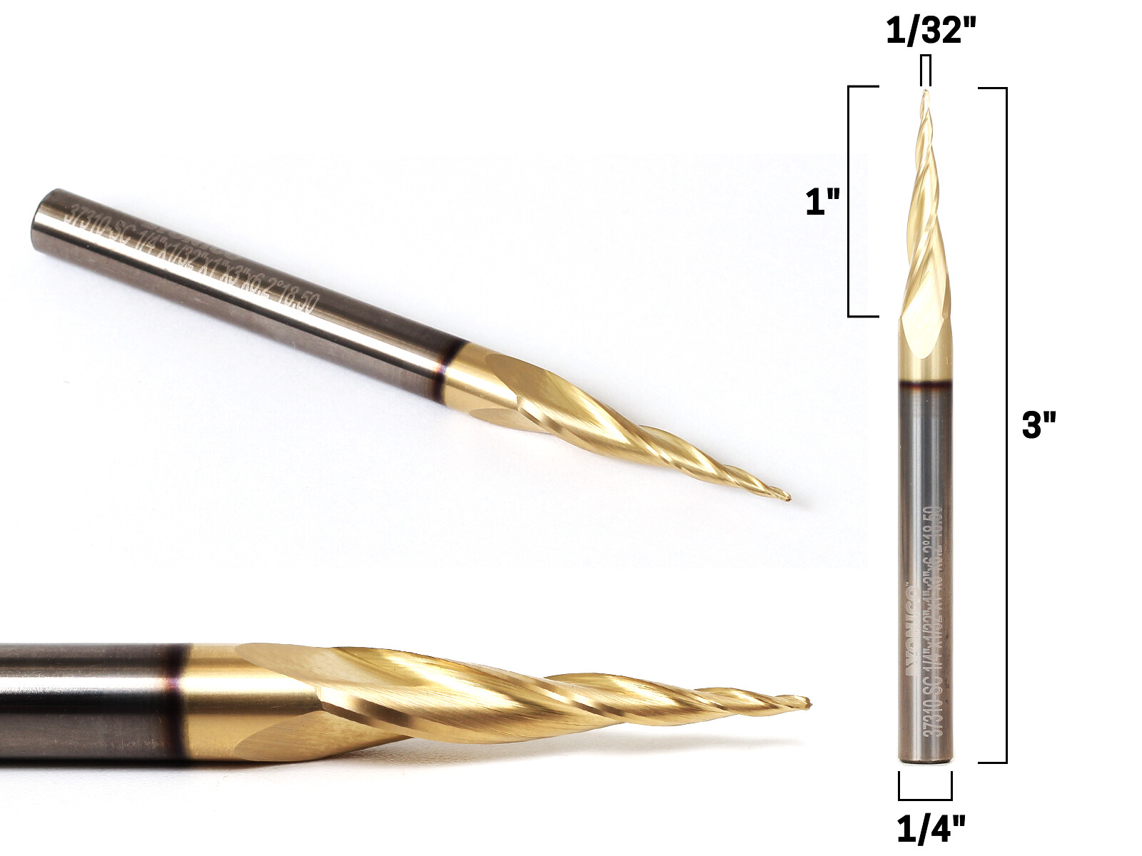 1/32″ Tapered Ballnose ZRN Coated CNC Router Bit – 1/4″ Shank – Yonico 37310-SC