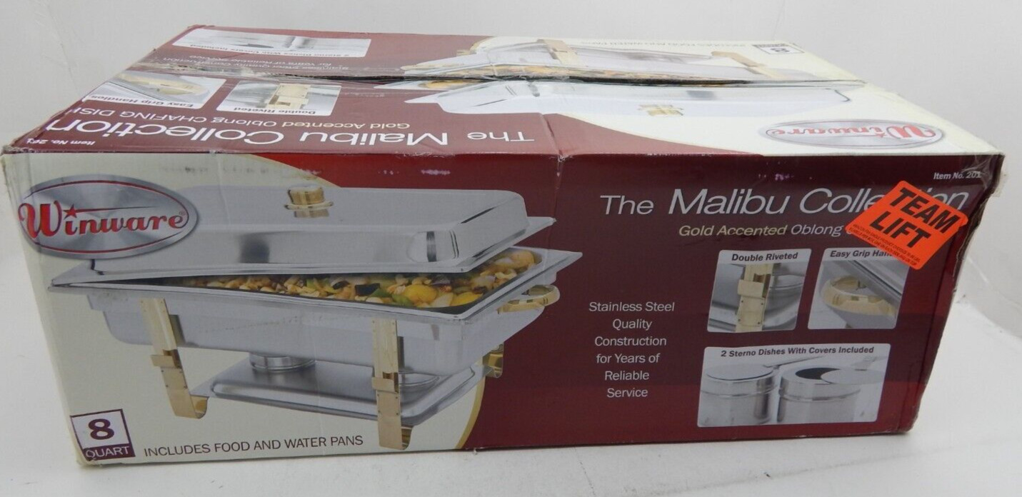201 Malibu 8 Qt. Full Size Gold Accent Chafer, 8 Quart, Silver