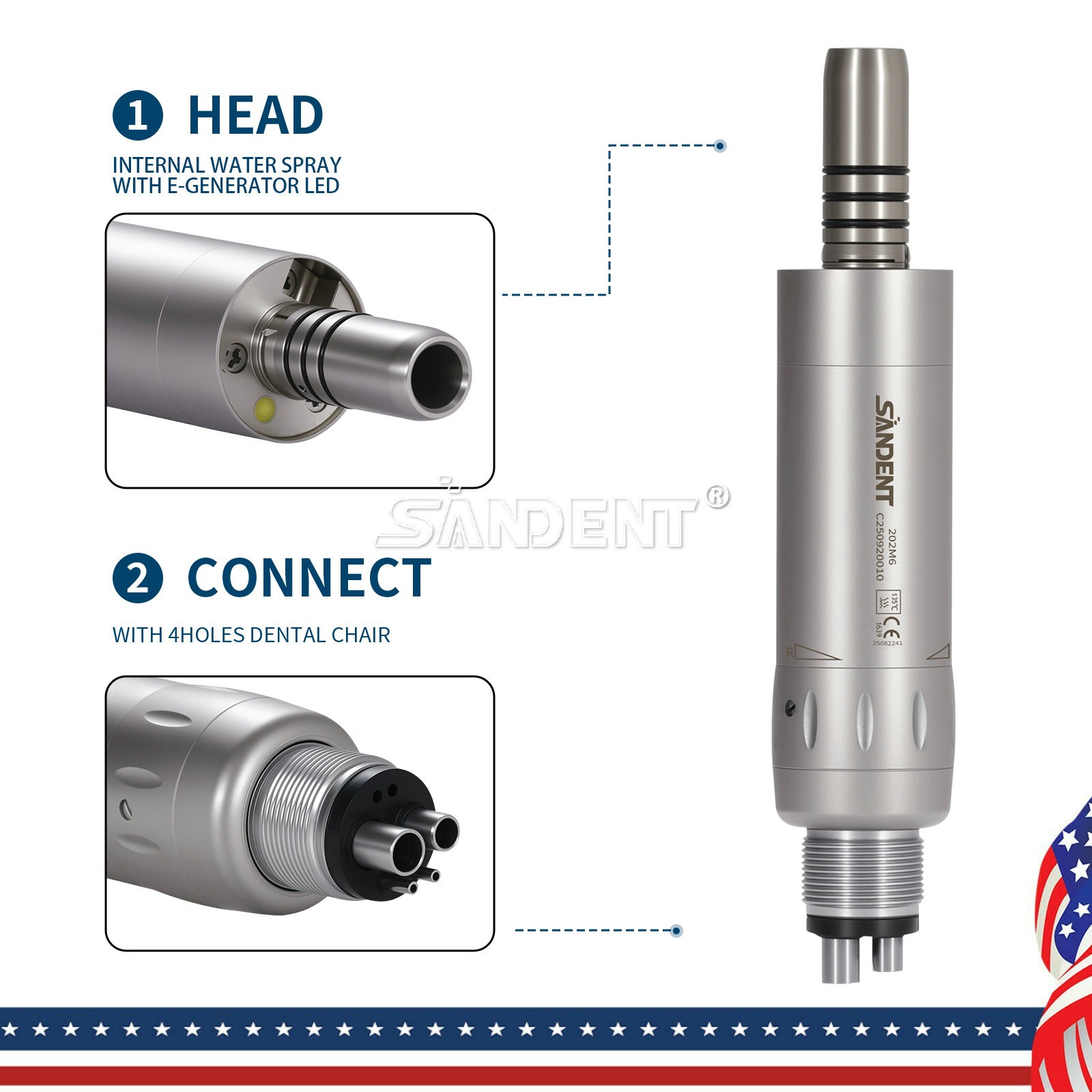 1-5 Dental Inner Water E-generator LED Low Speed Air Motor Handpiece 4 Hole po