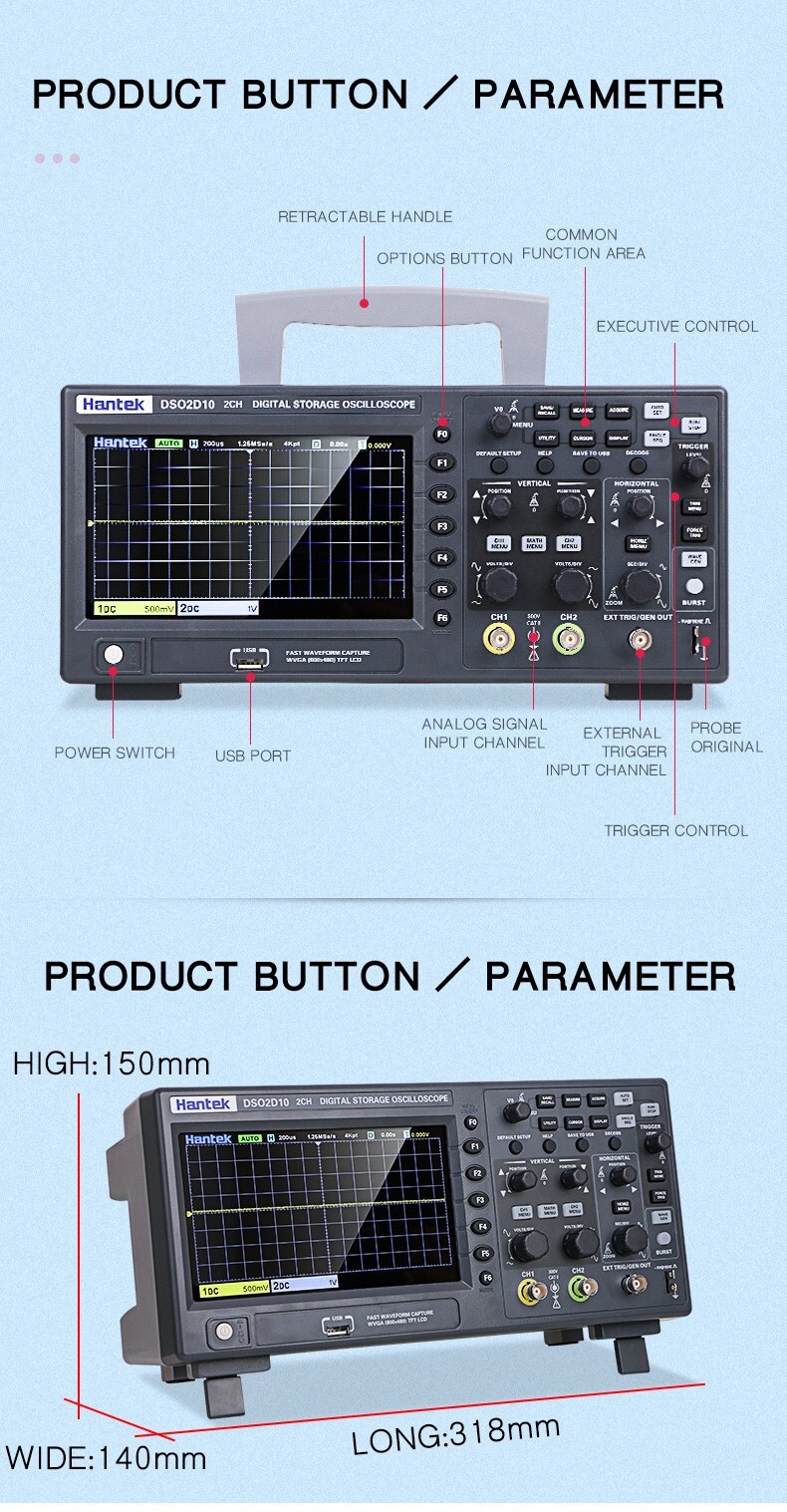 Hantek 2CH Digital Storage Oscilloscope Signal Generator 100Mhz/150Mhz 1GS/s Sam