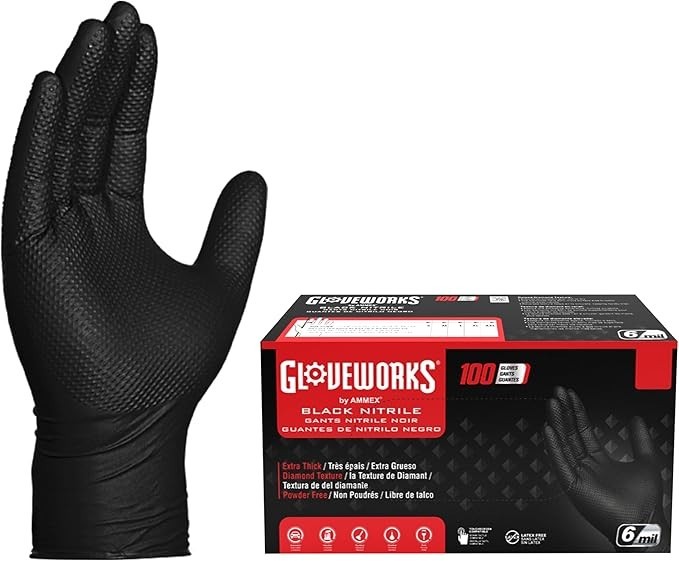 GLOVEWORKS Black Nitrile Gloves 6 Mil, Disposable, Latex Free, 10 BOXES of 100