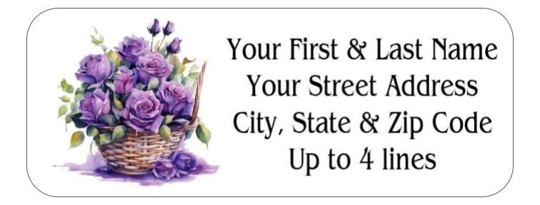 150 Basket of Purple Roses Flowers Mailing Return Address Labels Personalized
