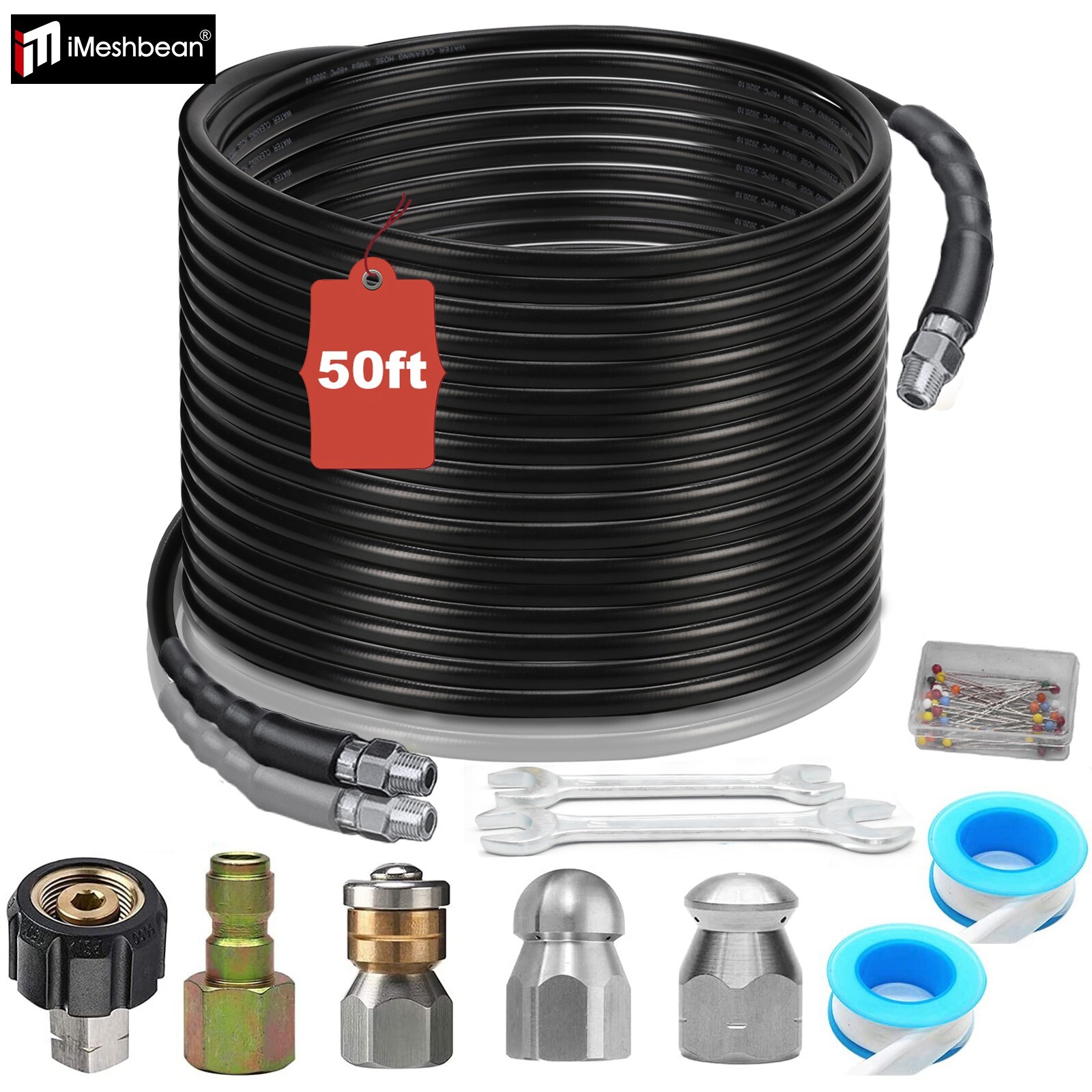 Sewer Line & Drain Jetter Kit, 1/4″ x 50FT Hose w/ Sewer Nozzle & Adapter 5800PS