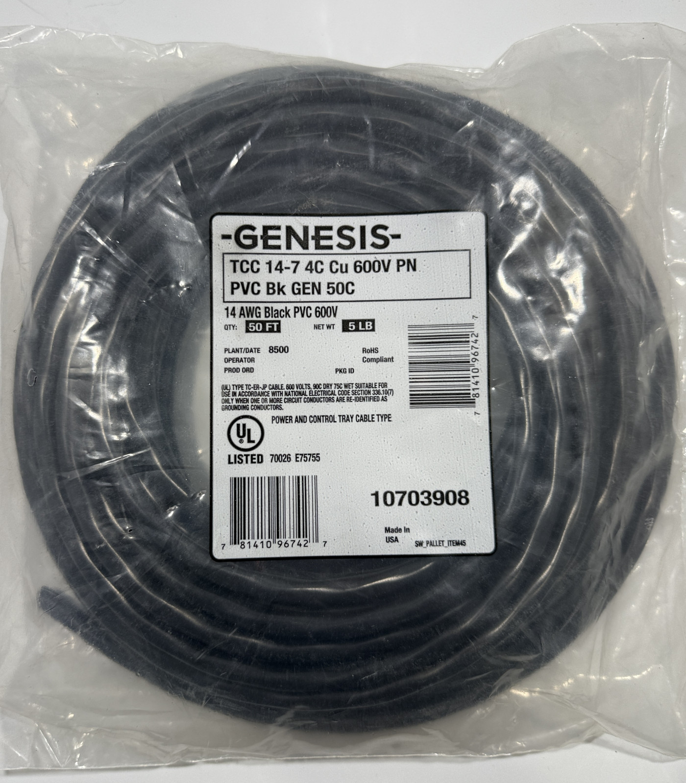 Genesis 10703908 TCC 14-7, 50 feet 14 AWG Black PVC 600V Installation Wire