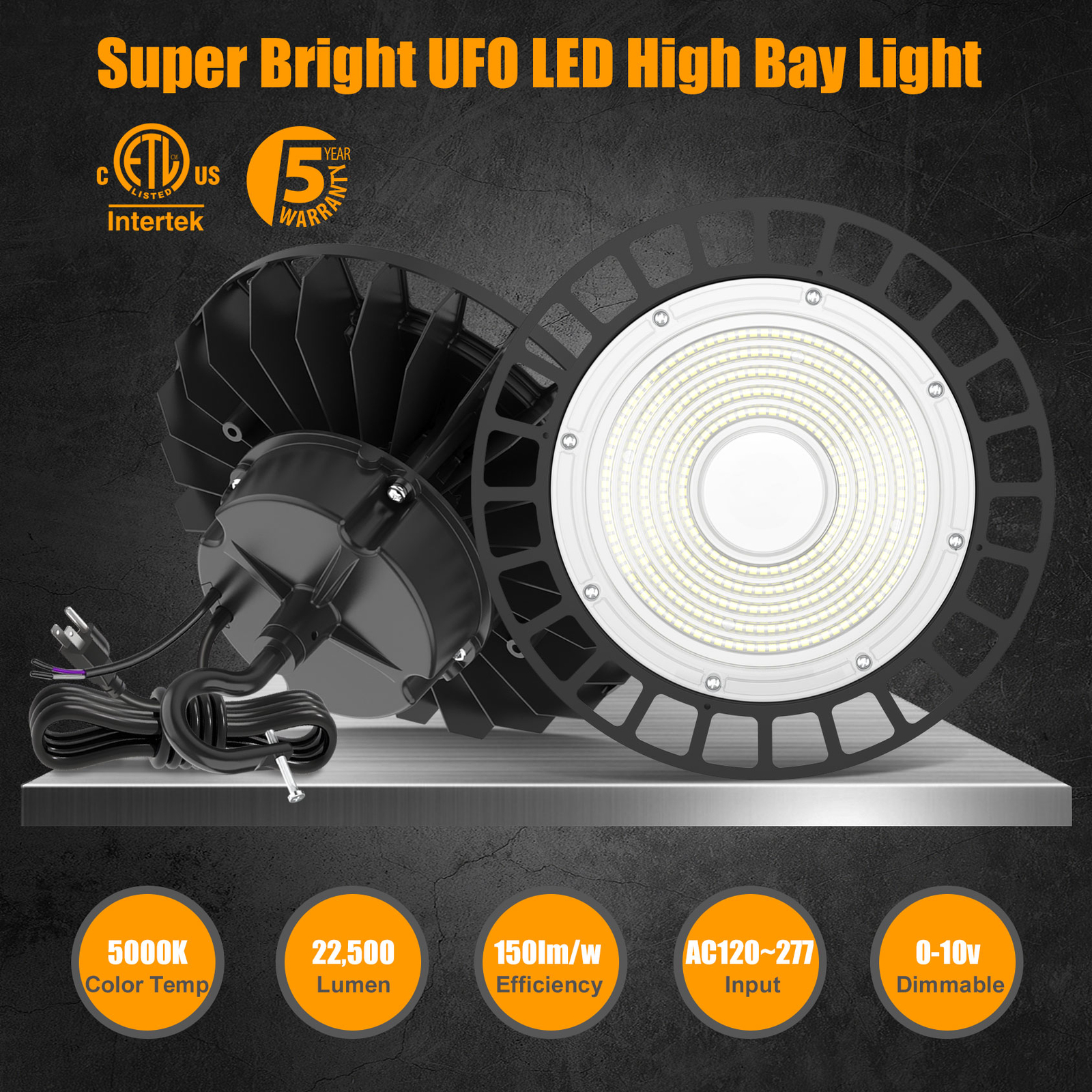22500 Lumens 150W UFO LED High Bay Light Commercial Gym Work Lamp Dimmable 5000K