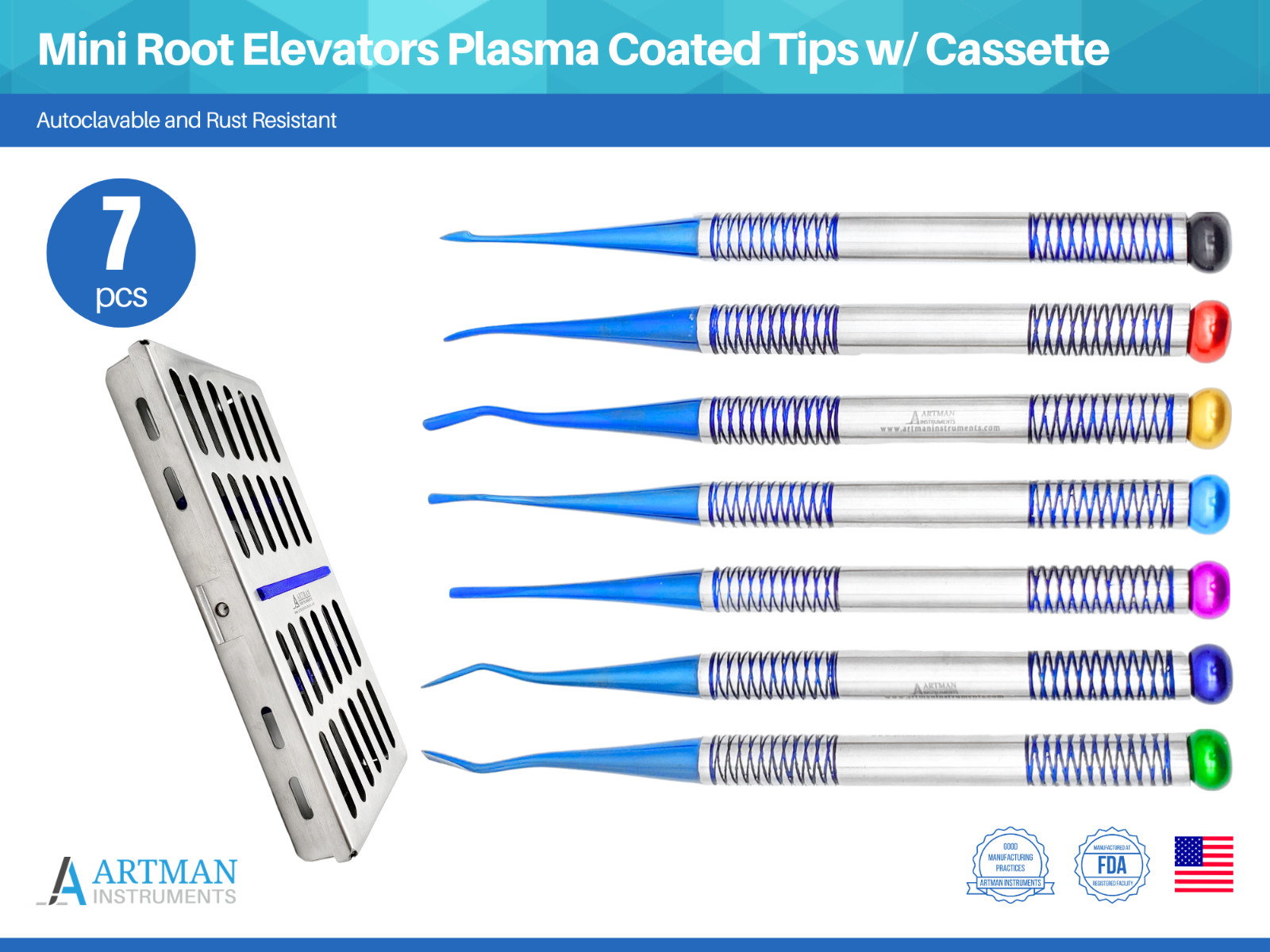 Set of 7 Mini Root Elevators with Plasma Coated Tips and Cassette ARTMAN