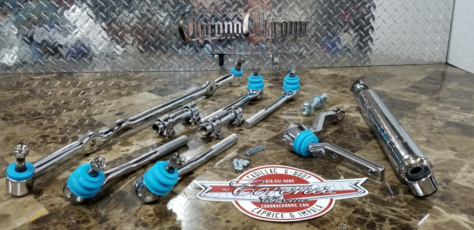 Chrome Steering Linkage Kit with Damper Shock 77-96 Cadillac/Caprice