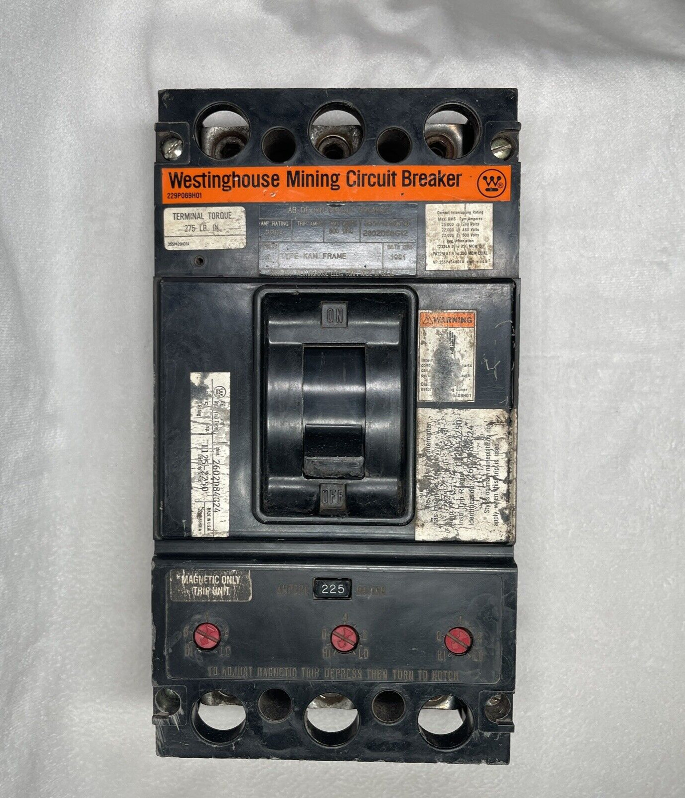 Westinghouse 2602D86G12 225 Amp 3 Pole 600 VAC KAM Frame Mining Circuit Breaker