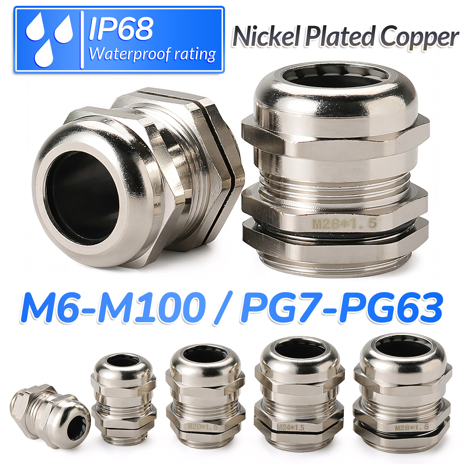 IP68 Waterproof Nickel Plated Brass Cable Glands M6-M100 / PG7-PG63