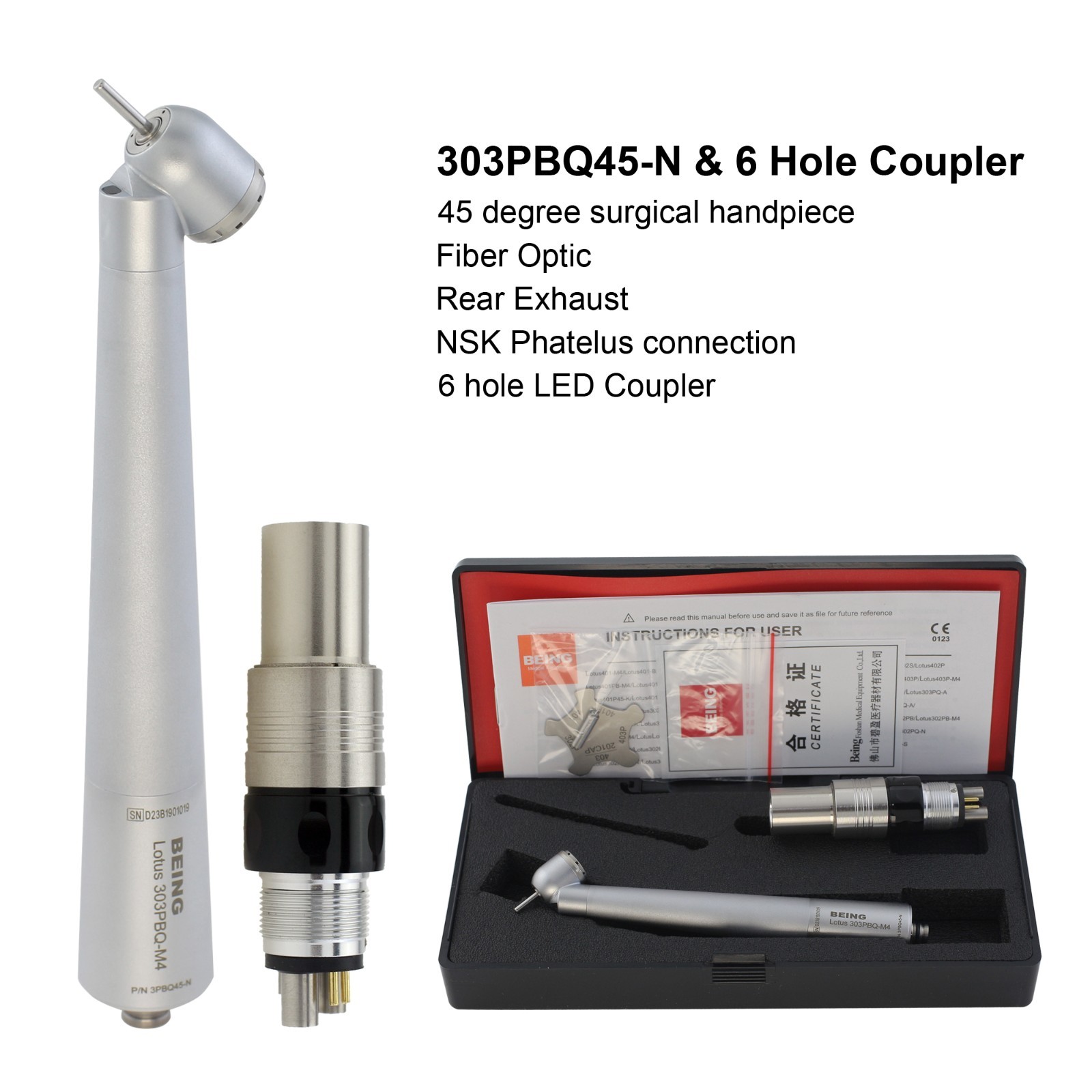 BEING Dental 45° Angle Surgical Handpiece LED For KaVo NSK Coupler 4 Hole 6 Pin