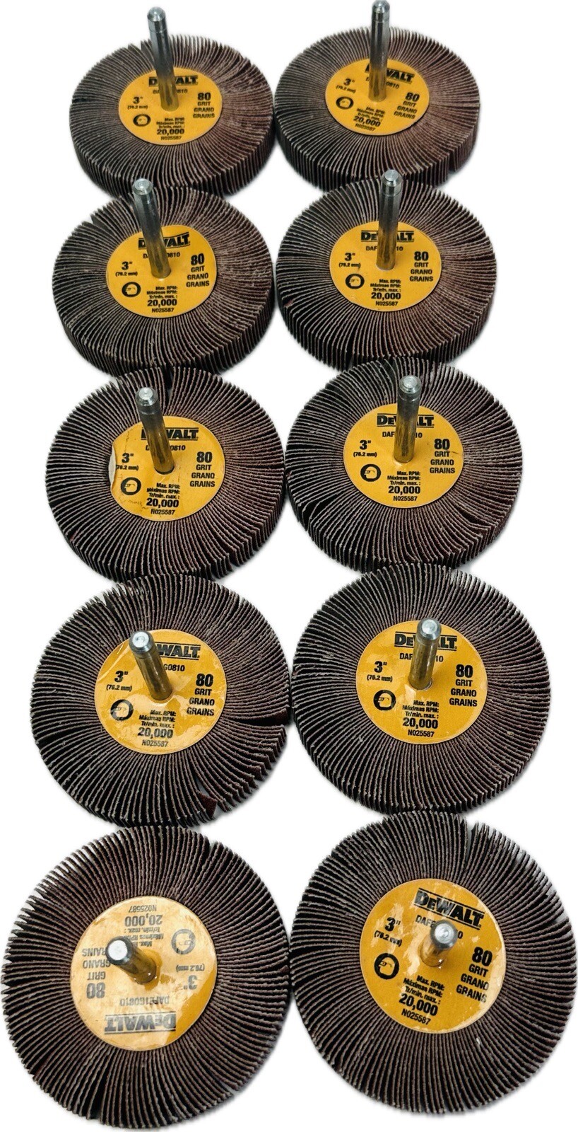 10 Pcs DEWALT Mounted Flap Wheel 3” x 1/2” W 1/4 in Shank Aluminum Oxide 80 Grit