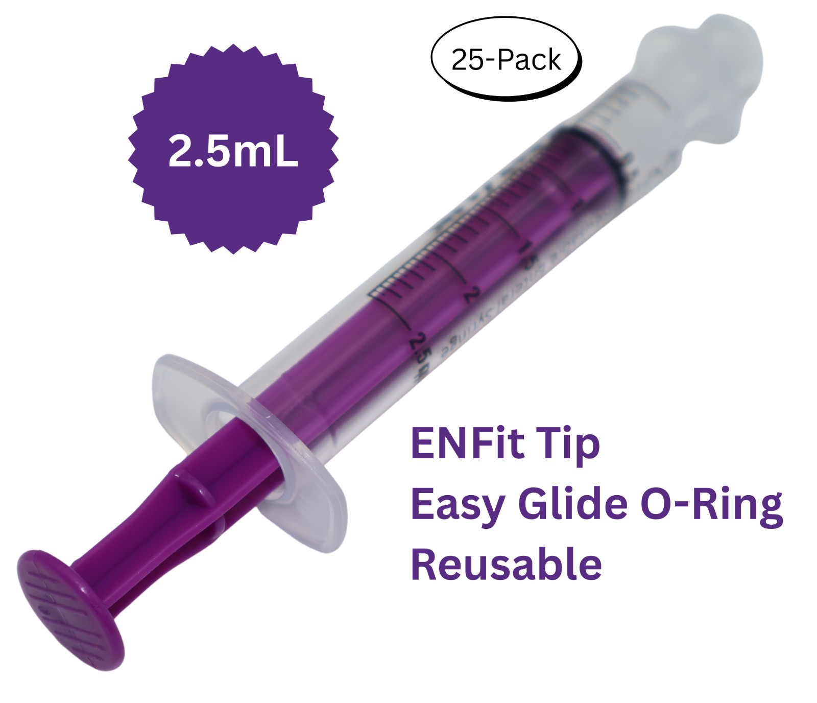 ENFit syringe, 2.5mL, O-Ring, Reusable Easy Glide Plunger, Pack of 25
