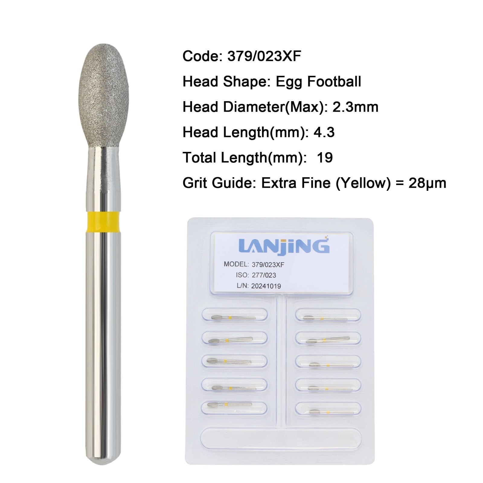 Dental Diamond Bur Egg Football FG 379/023XF Extra Fine for High Speed Handpiece