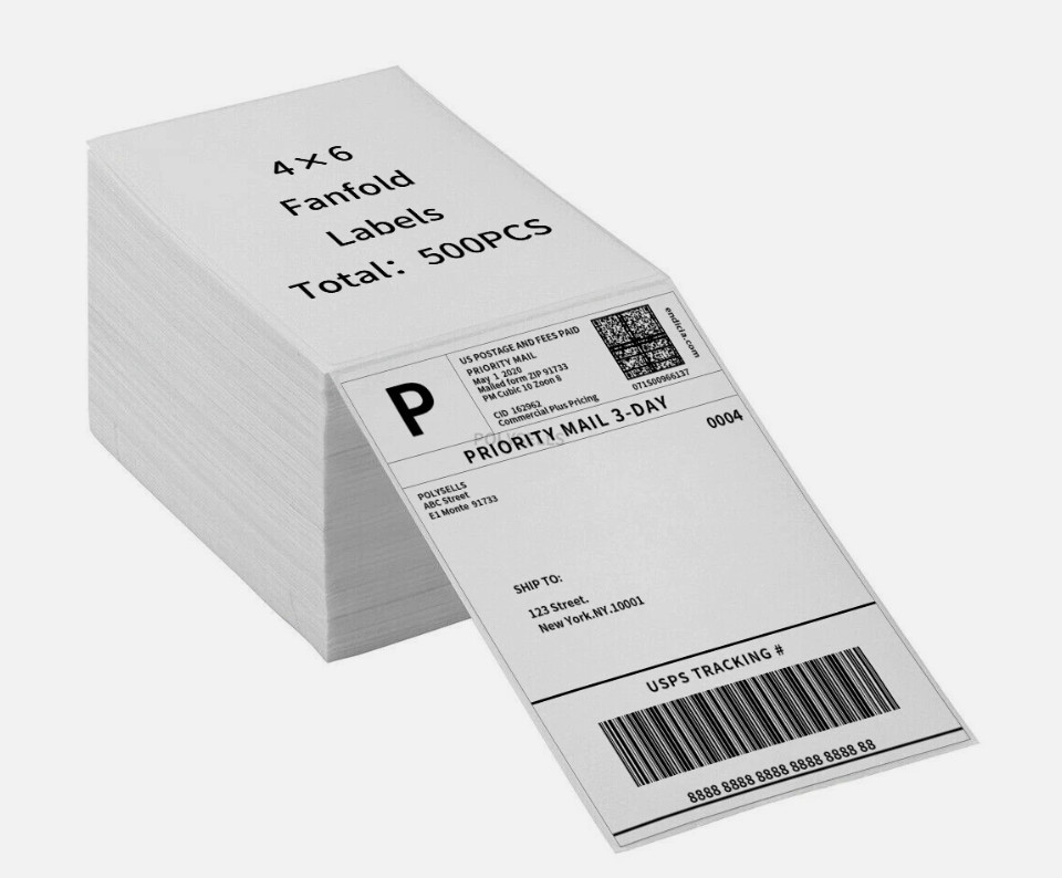 4″x6″ Fanfold Direct Thermal Shipping Labels for Zebra and Rollo Printers 500 PC
