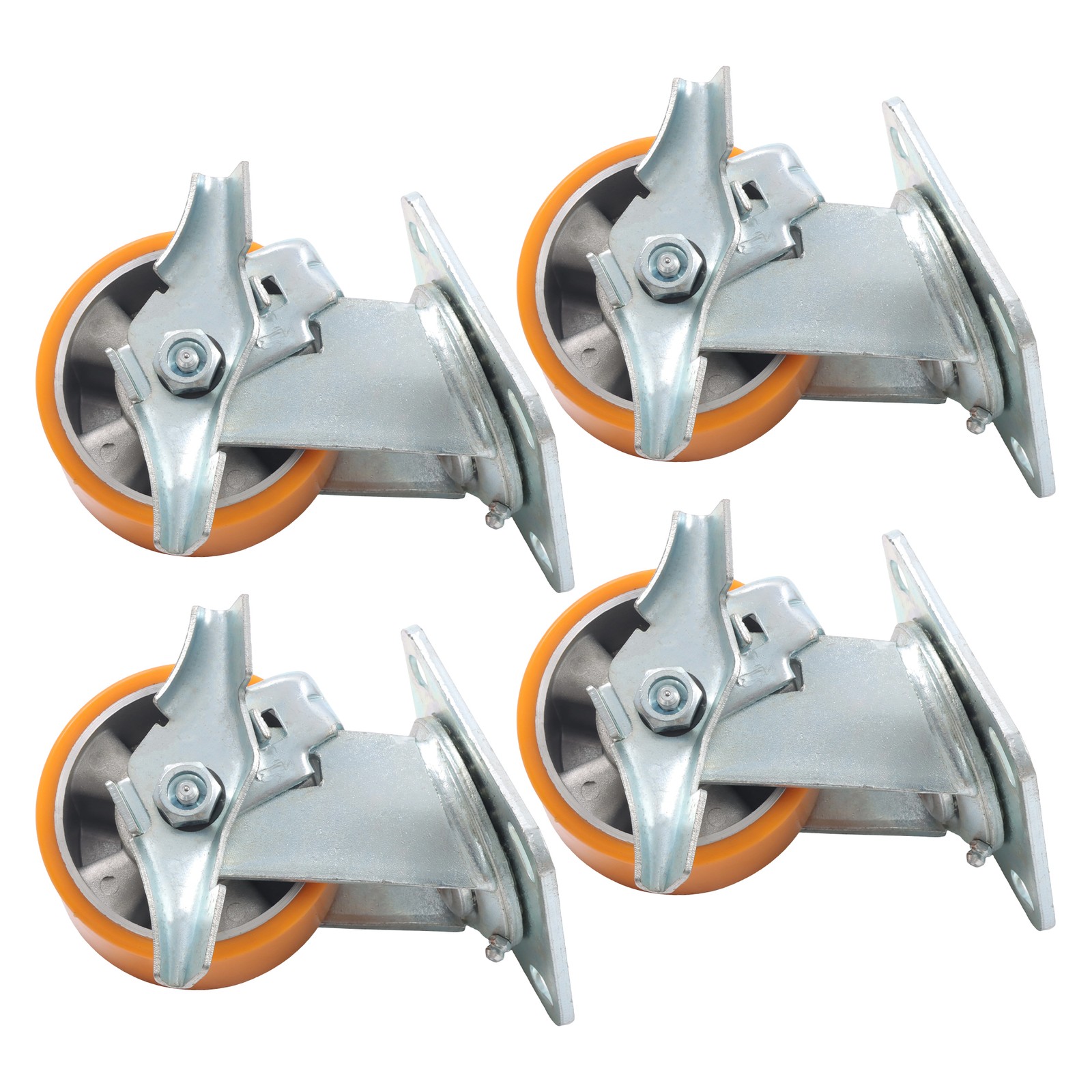 4″ Side Brake Polyurethane Plate Casters, 3200 Pounds, Silver + Qrange, 4 Pieces
