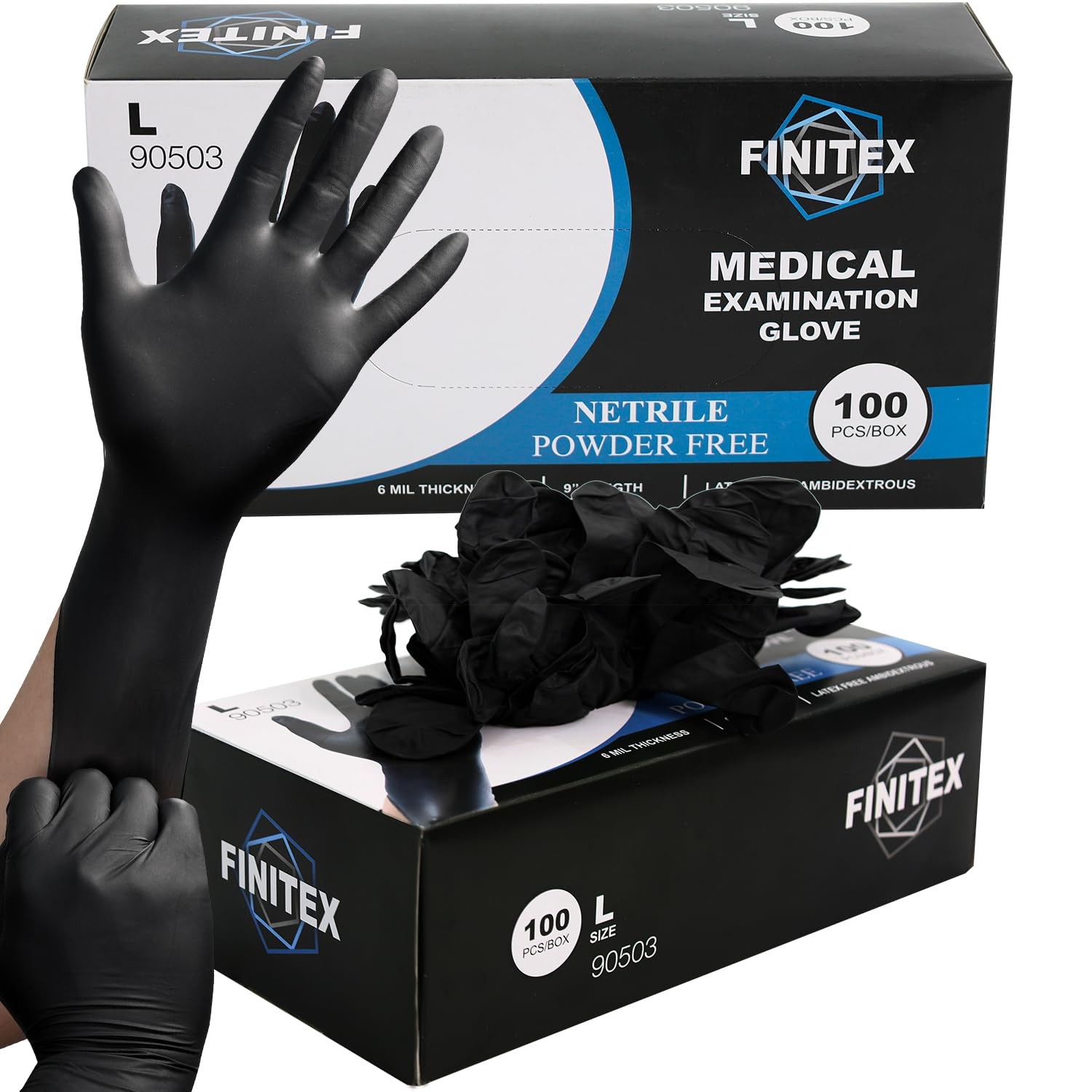 FINITEX Black Nitrile Disposable Medical Exam Gloves – (Large 100)