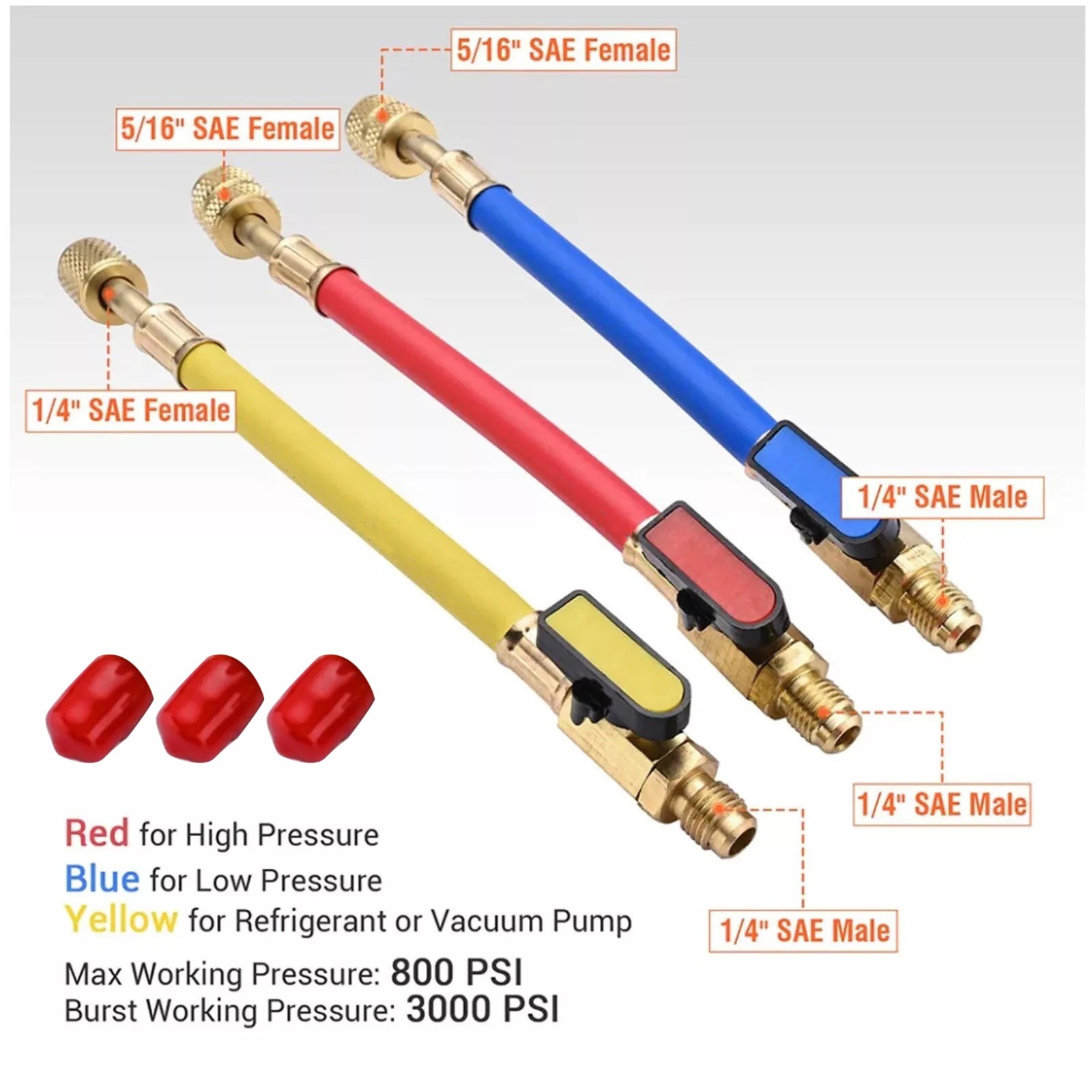 Brass Ball Valves Hose(Red/Yellow/Blue) Fit For R134A R410A Refrigerants