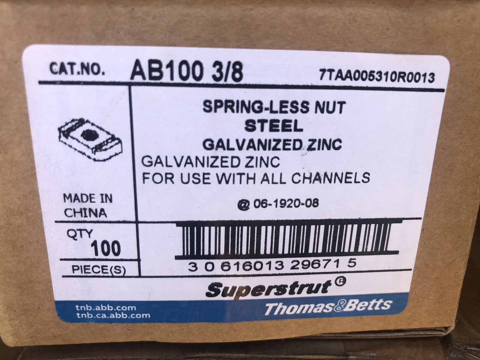 100-Pk Thomas & Betts Superstrut Spring-Less Nuts Catalog # AB100 3/8 Free Ship