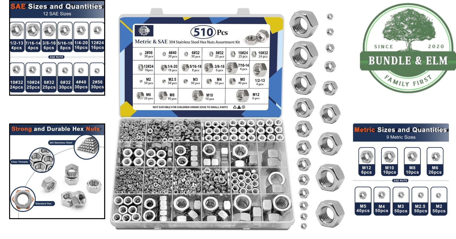 Comprehensive Hex Nut Collection, 510 Pcs in SAE and Metric for All Applications