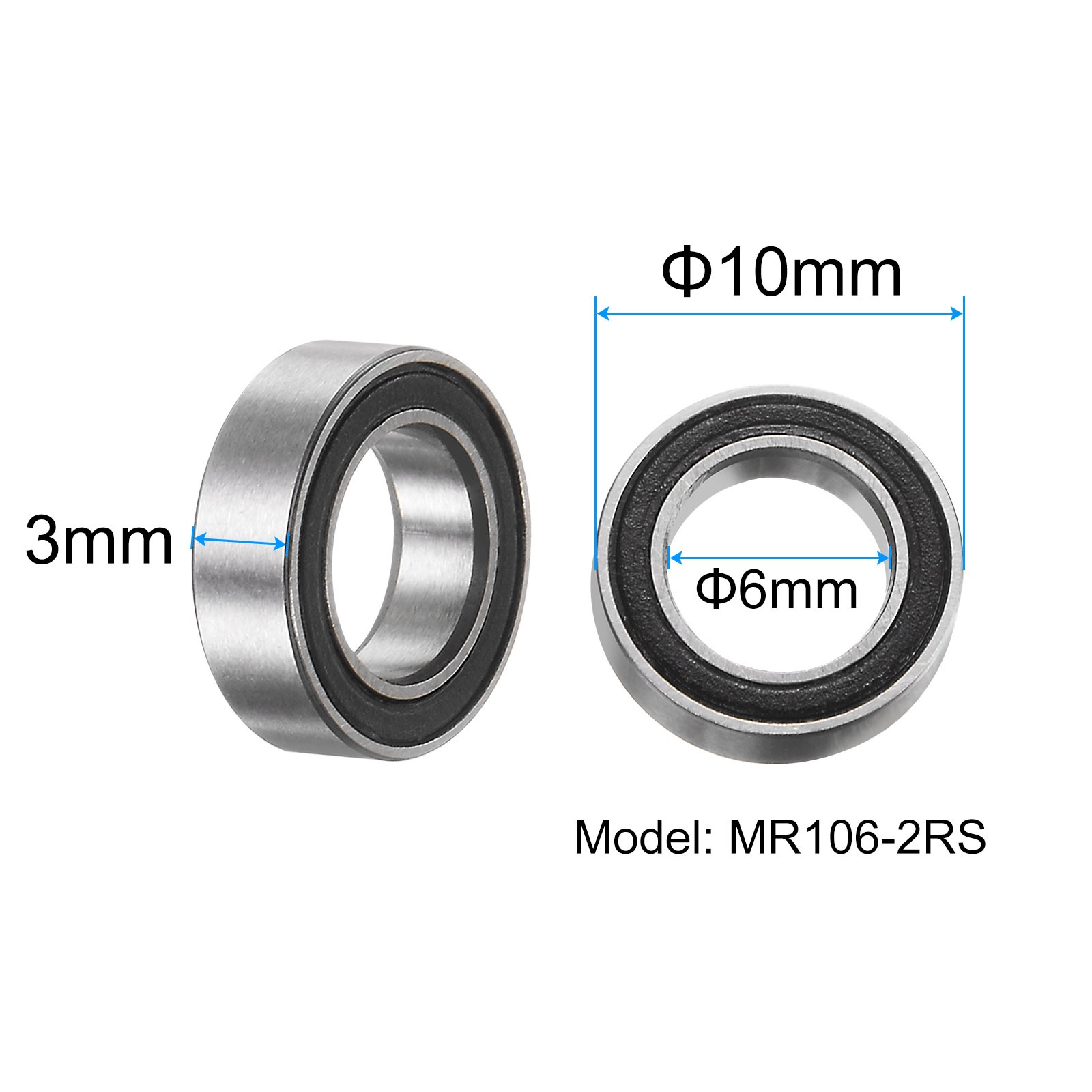 MR106-2RS 6x10x3mm Chrome Steel Mini Bearing Double Sealed ABEC3, 20Pcs