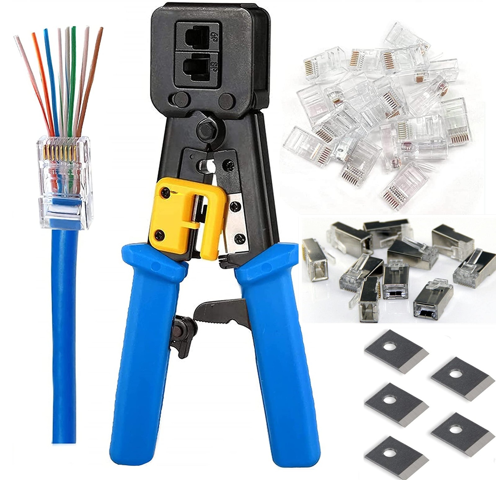 RJ45 Crimp Tool Ethernet Pass Thru Crimper with 5Pack 8Pin Replacement Blades…