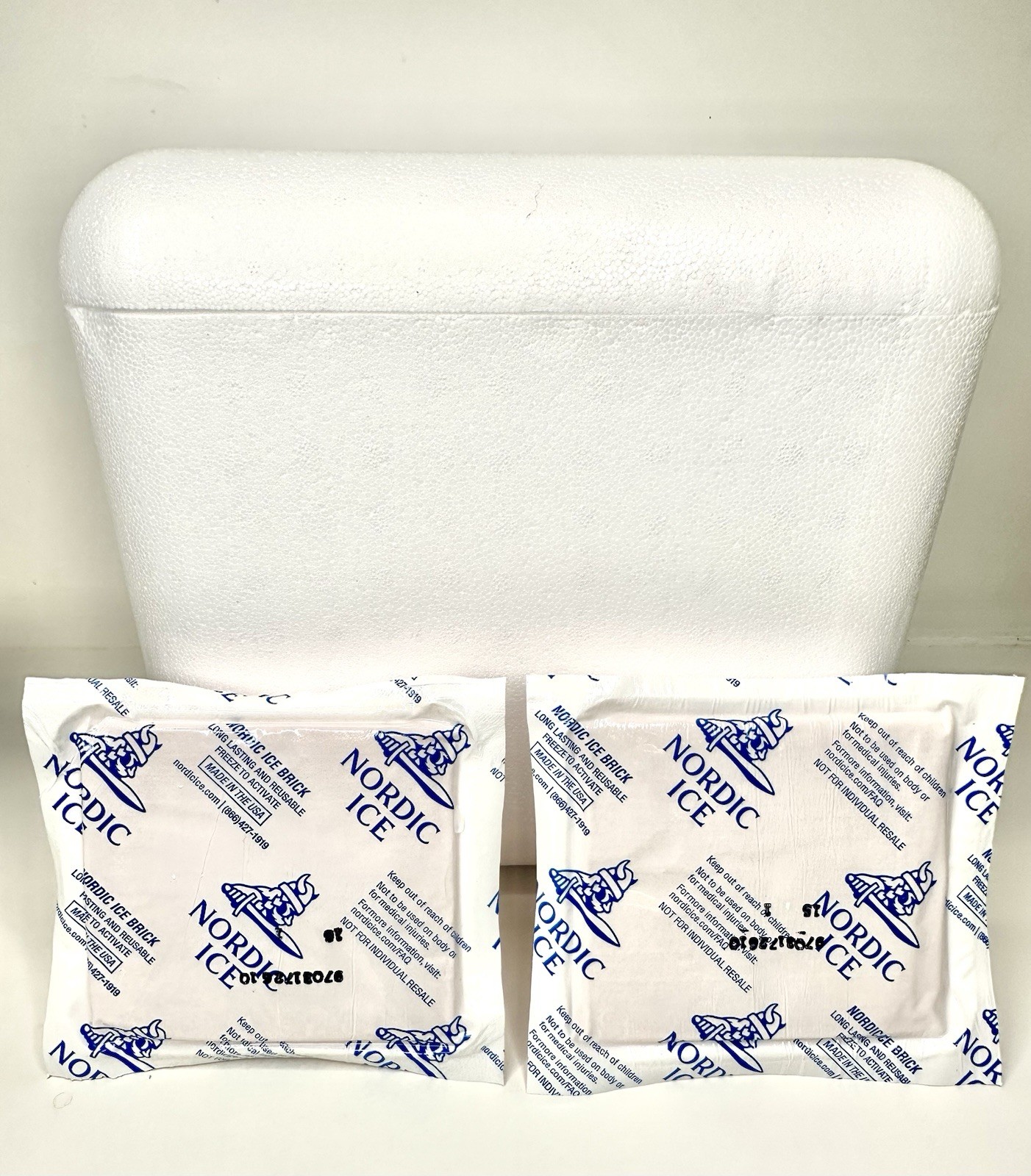 Styrofoam box W/2 Reusable Freezer Bricks 11” x 9” x 11” outside dimensions.