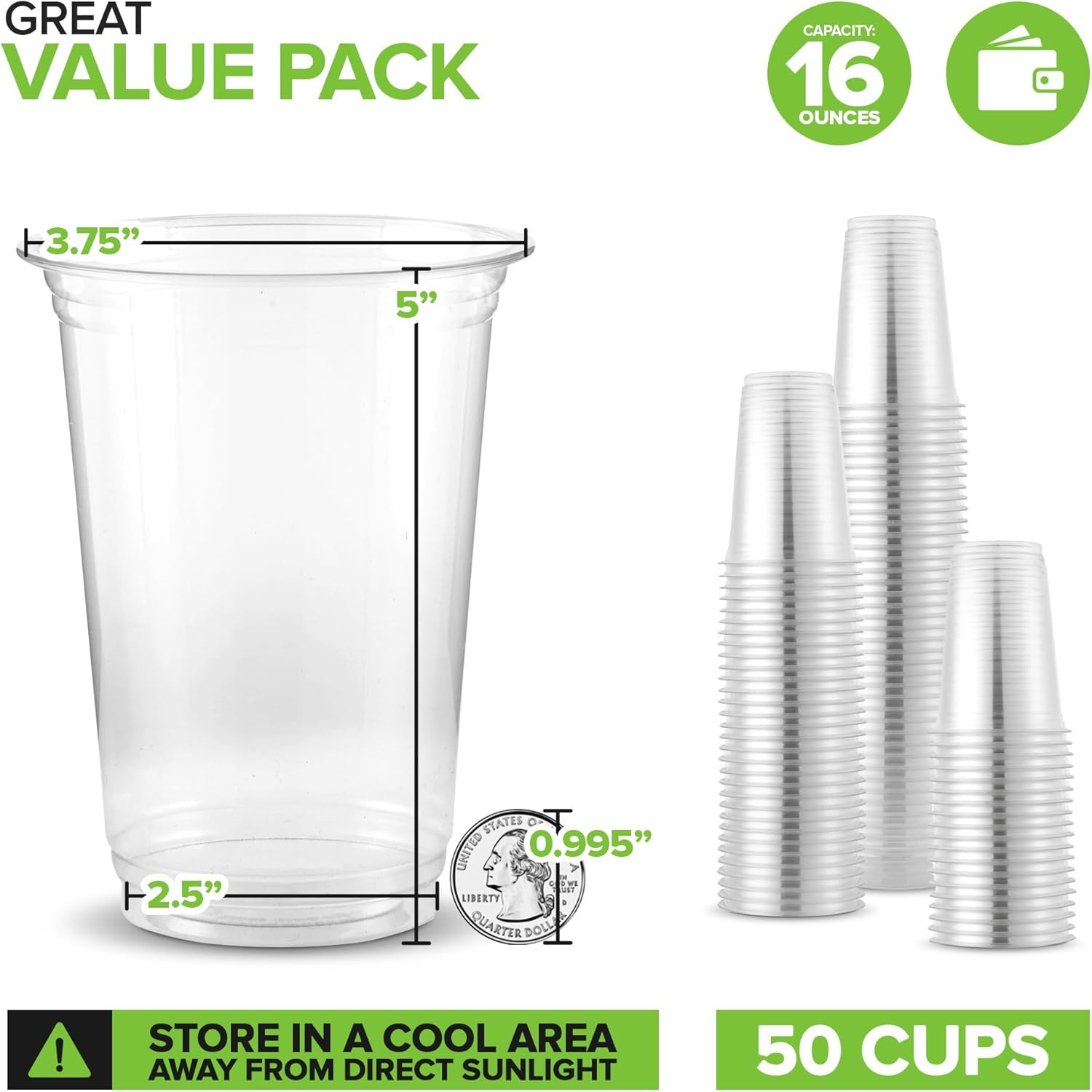 16 Oz Clear Commercially Compostable Cold Cups (50 Pack), Eco Party Cup, Environ