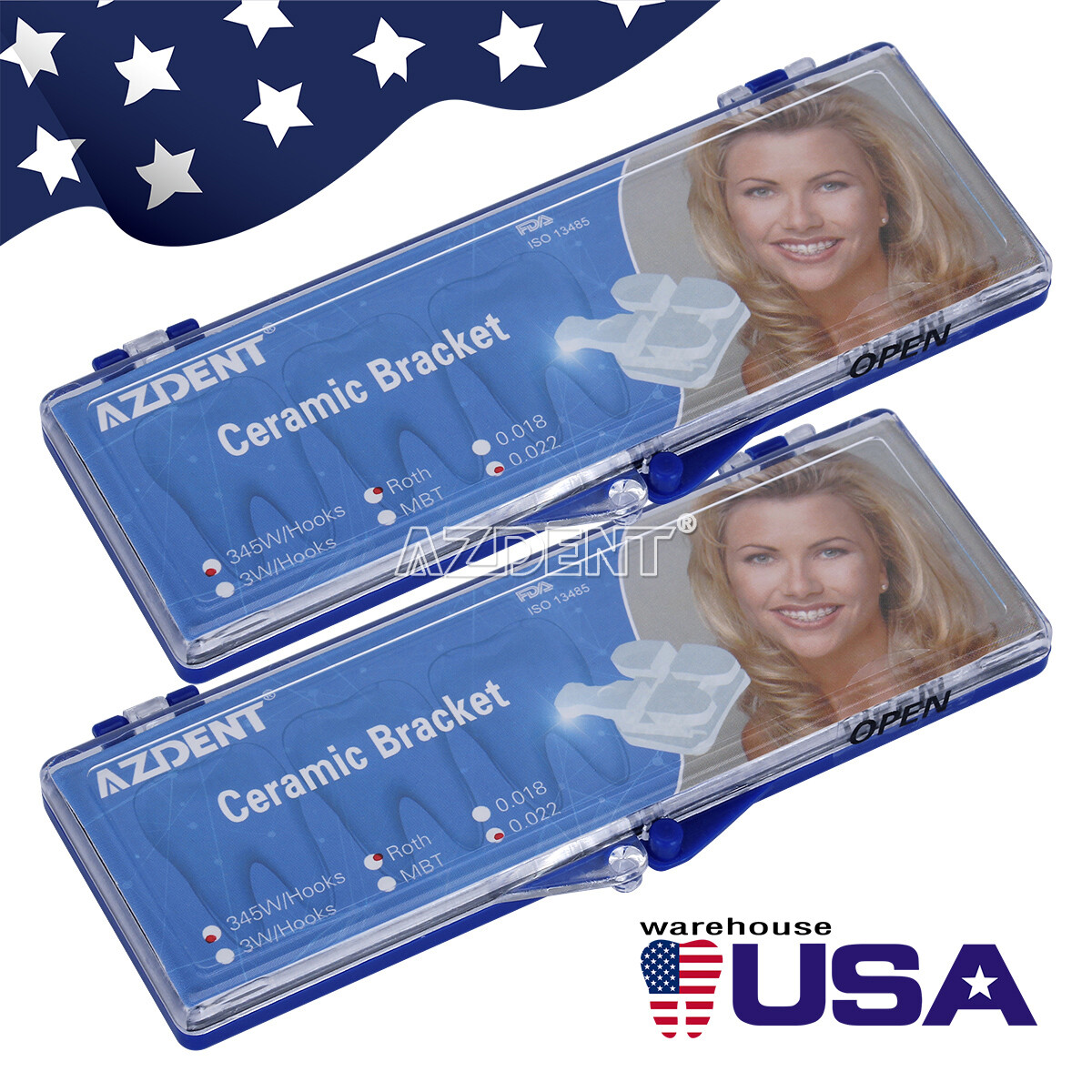 AZDENT Dental Orthodontic Brackets Roth 0.022 Hooks 345 5*5 Clear Ceramic Braces