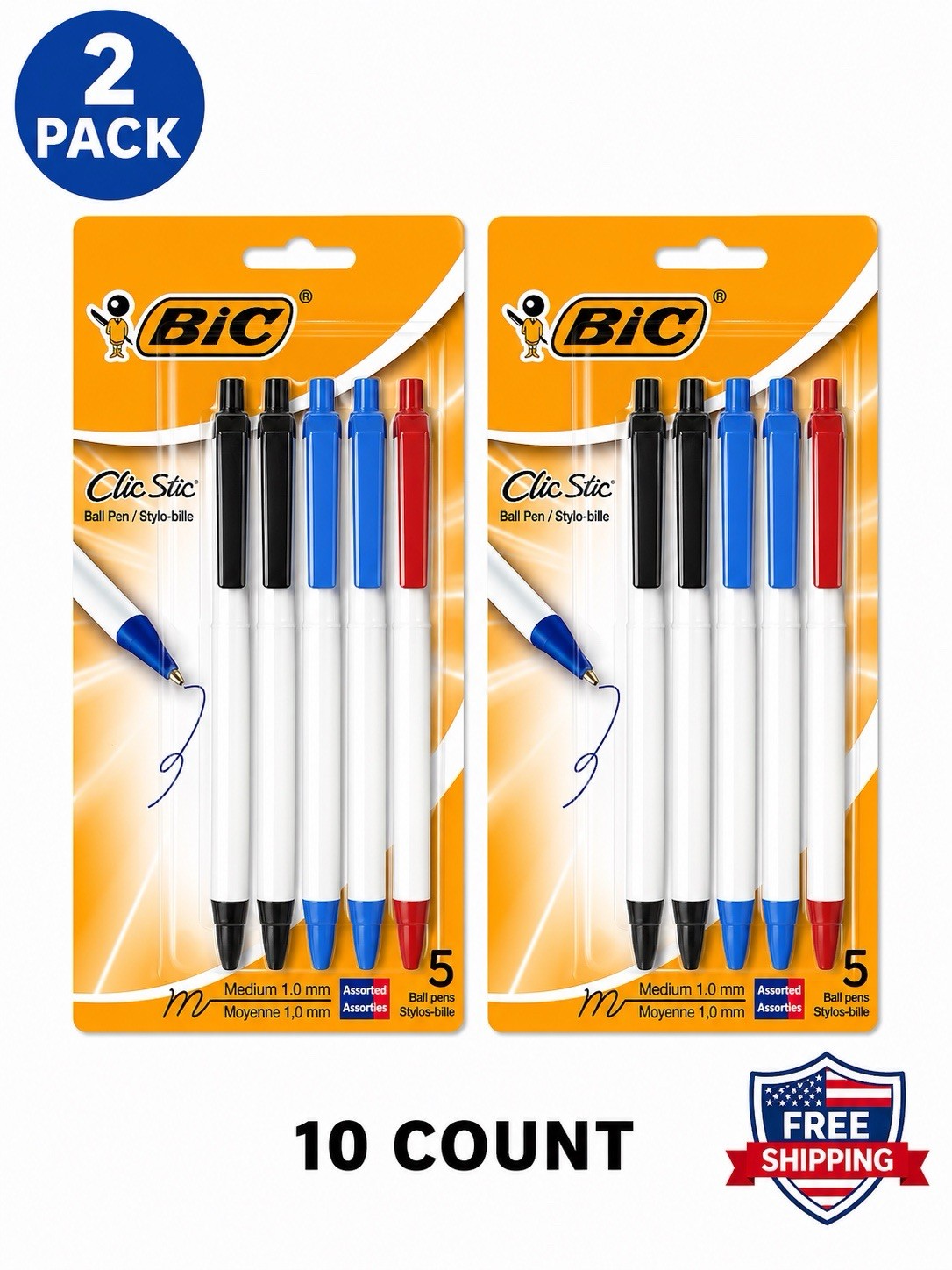BIC Clic Stic Retro Ballpoint Pens 2 Pack 10 Count Black Blue Red 1.0mm
