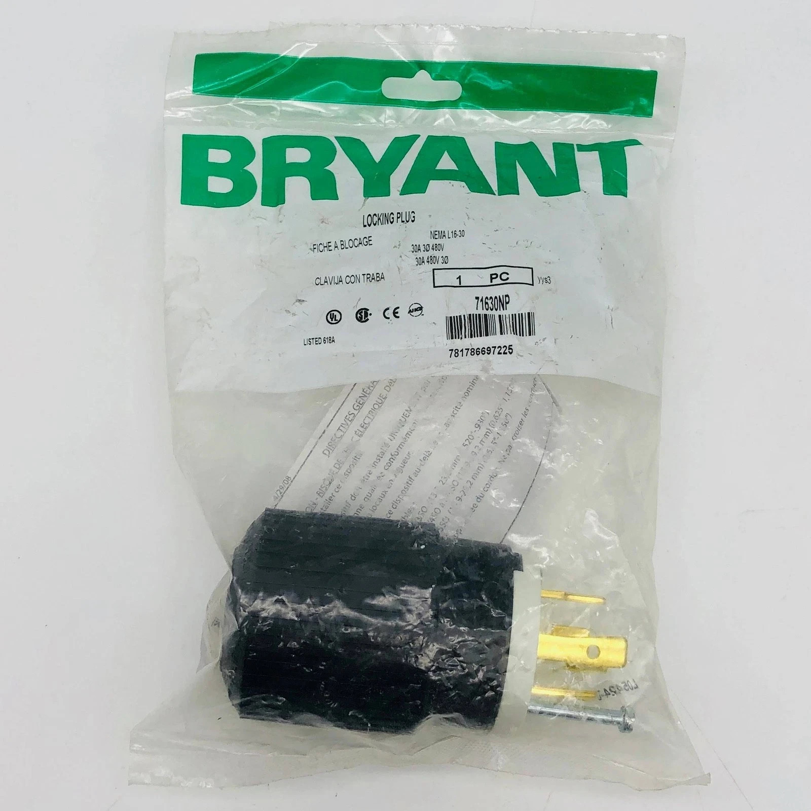 Bryant 71630NP Locking Blade Plug 30A 480 VAC 3-Phase 3-pole 4-wire NEMA L16-30