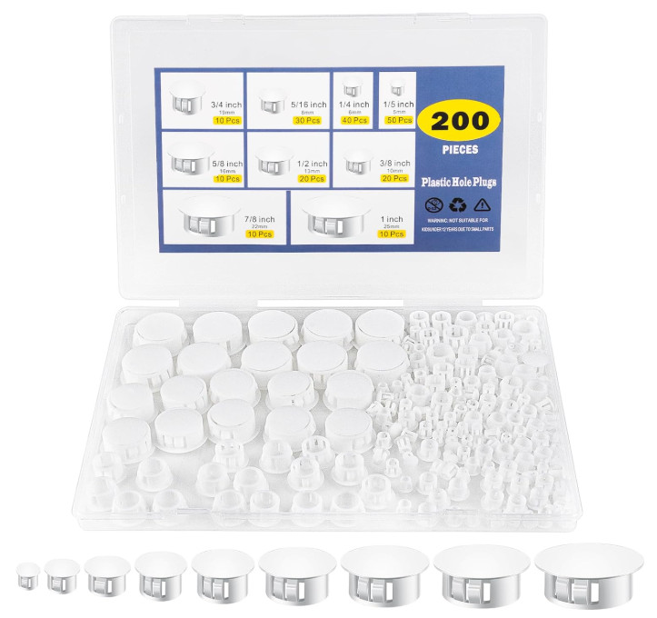 200Pcs White Nylon Hole Plug Assortment Kit – 9 Sizes (1″ to 1/5″), Plastic Lock