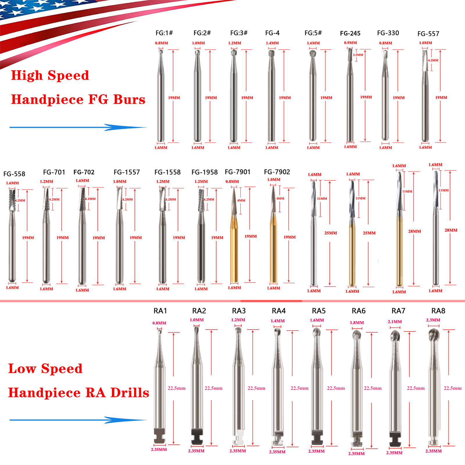 Dental (Surgical) Tungsten Carbide Burs FG Burs fit for High Speed Handpiece