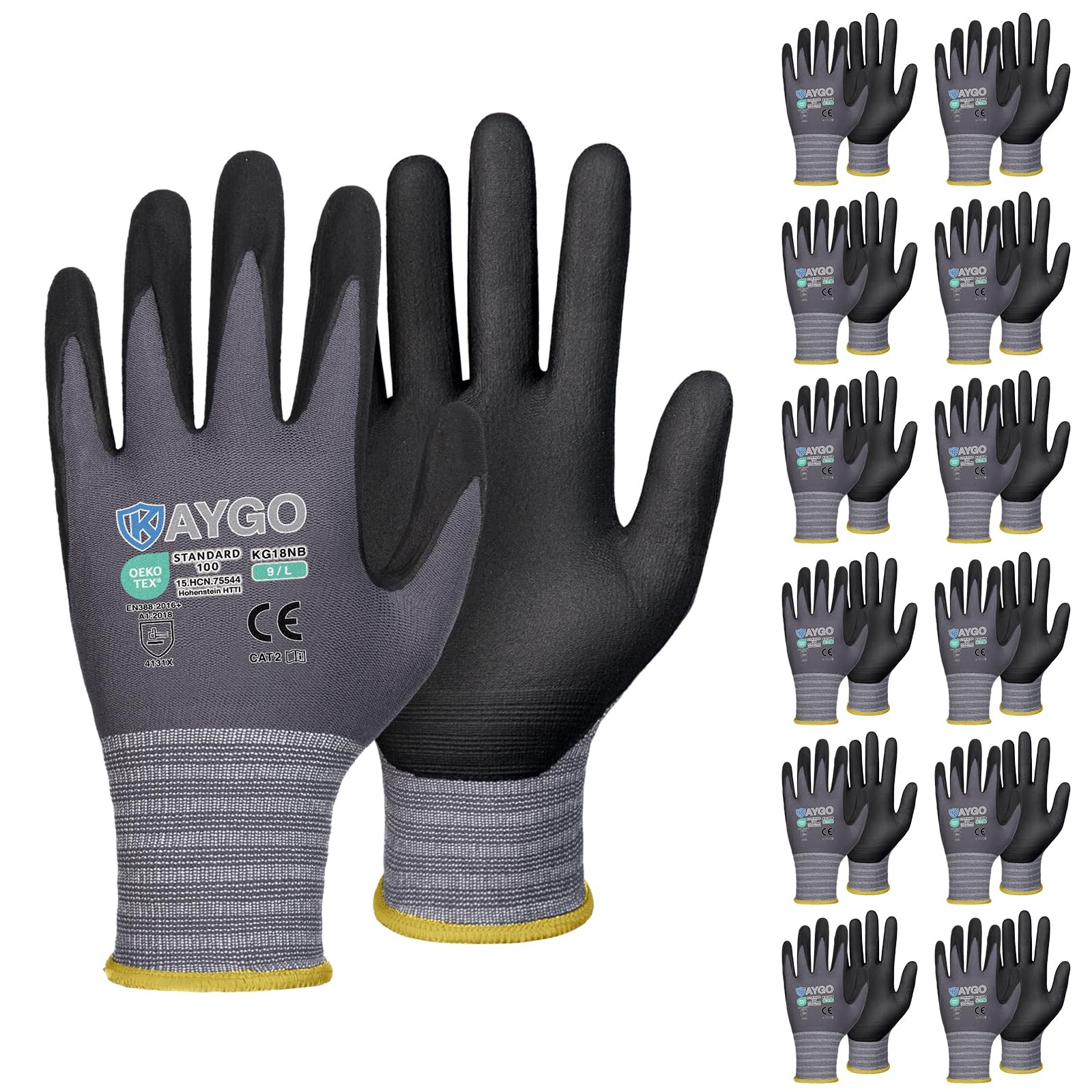 Safety Work Gloves MicroFoam Nitrile Coated, 12 Pairs KG18NB,Seamless Knit Ny…
