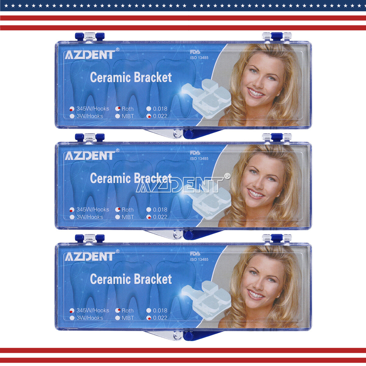AZDENT Dental Orthodontic Brackets Roth 0.022 Hooks 345 5*5 Clear Ceramic Braces