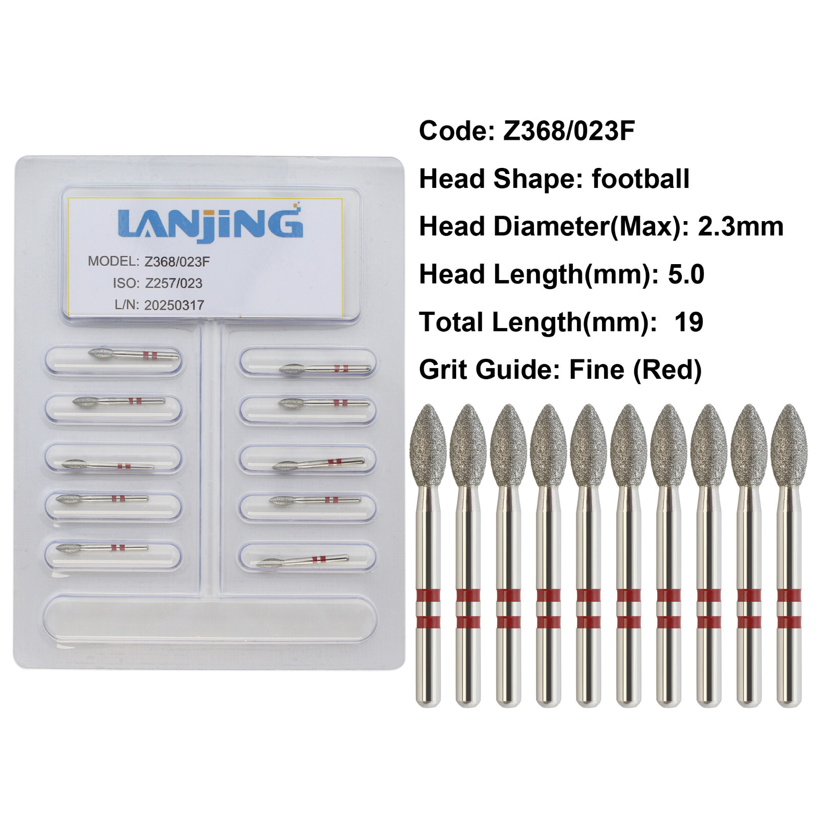 Dental Diamond Burs Z368/023F Zirconia Adjustment Football Fine Grit High Speed