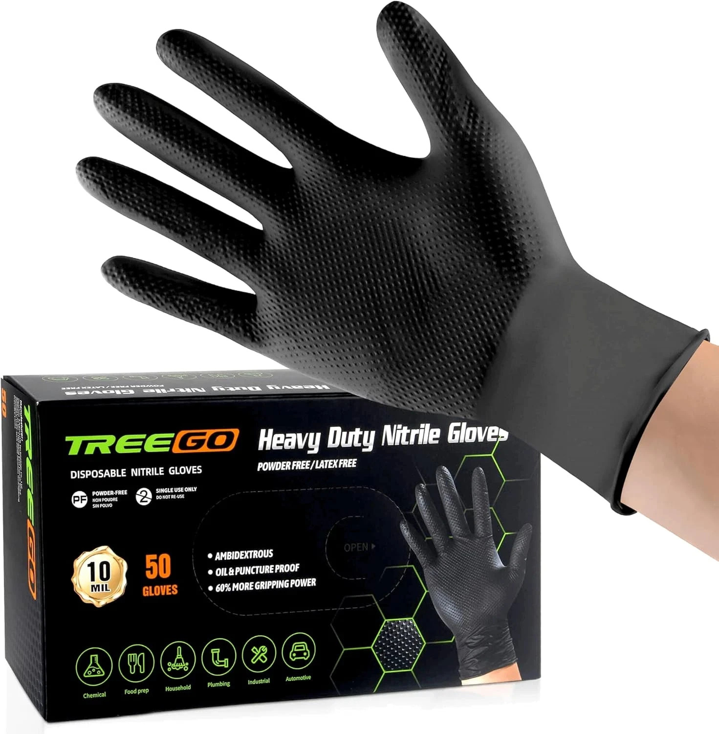10 Mil Black Nitrile Gloves Heavy Duty — Diamond Texture Grip, Latex Free Dispos